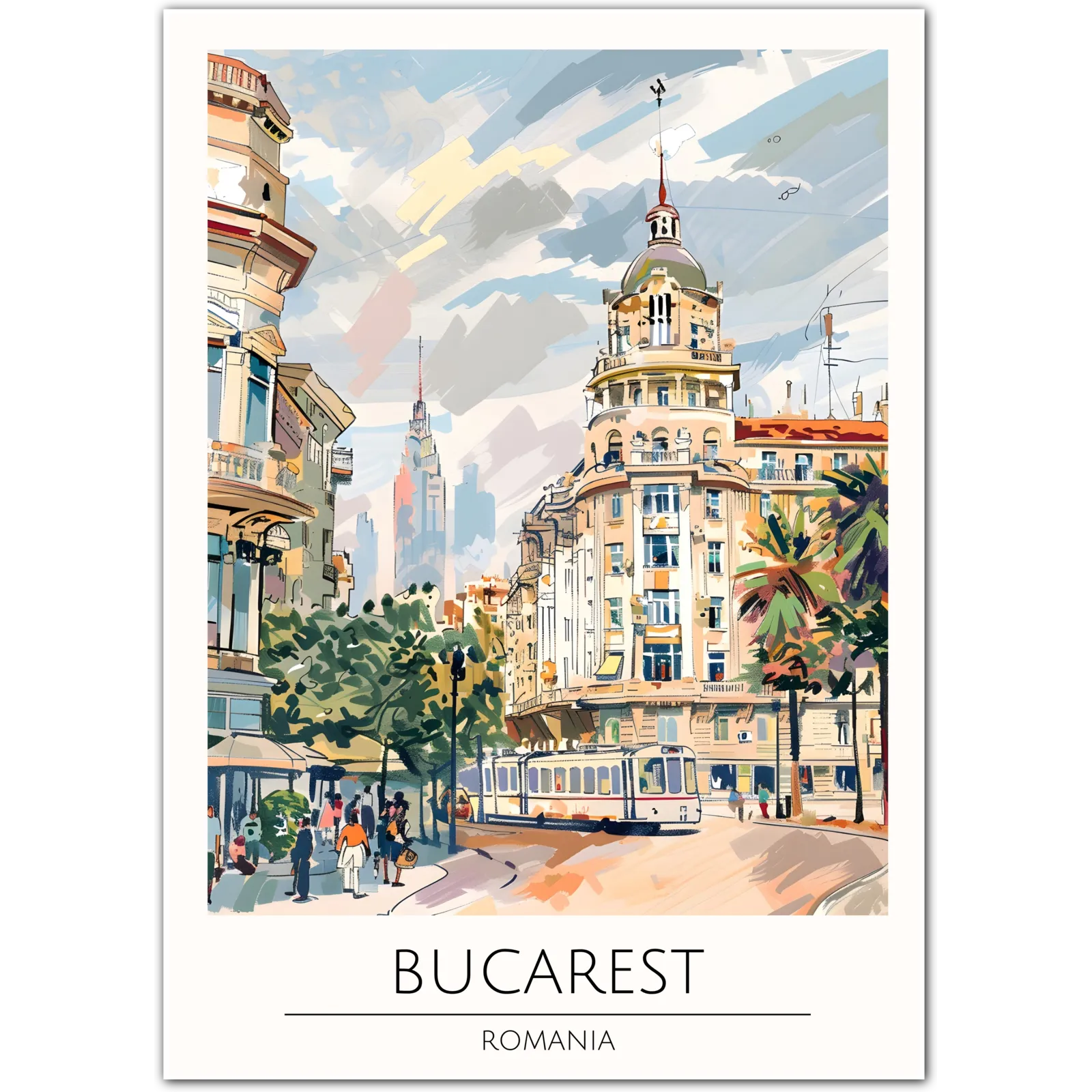 Bucharest Cityscape Art Print - Vibrant Street View of Romania's Capital