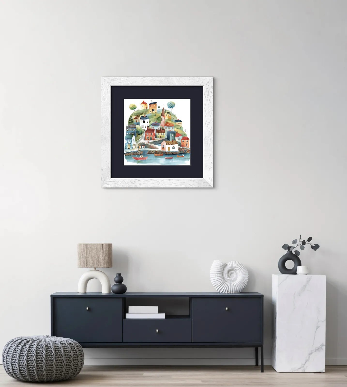 Colourful illustration of a coastal village with houses on hills and boats on water.