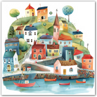 Colourful illustration of a coastal village with houses on hills and boats on water.