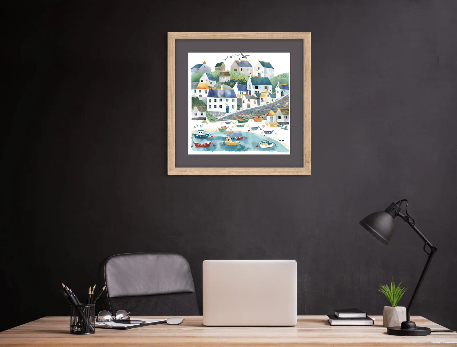 Colourful art print of a coastal village with boats in a harbour and houses on hills.