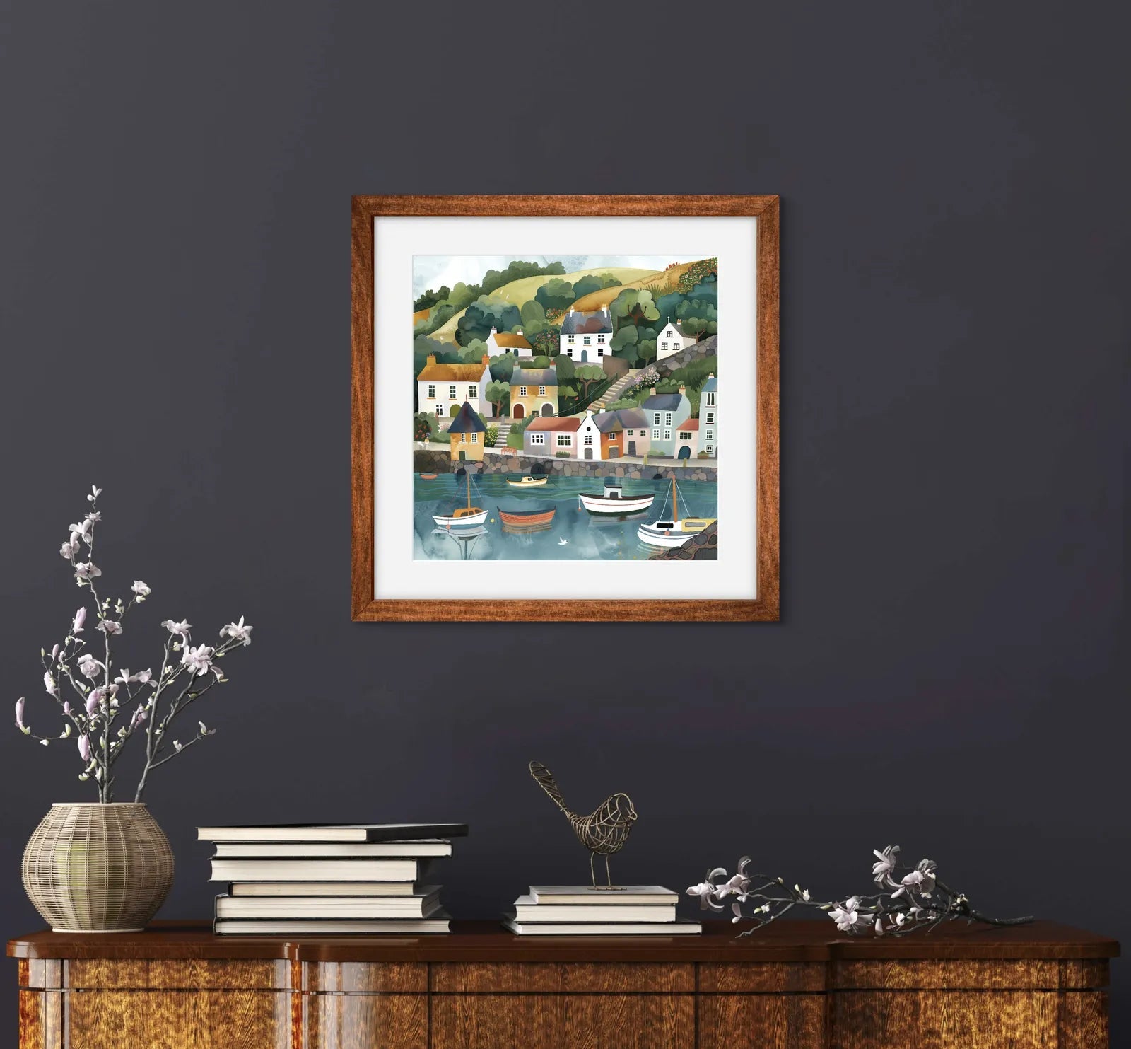 Charming coastal village with cottages, boats, and rolling hills in vibrant colours.