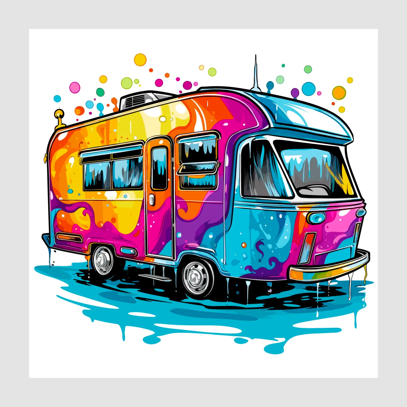 60's Vibe Camper In Paint Splash Art Design 1