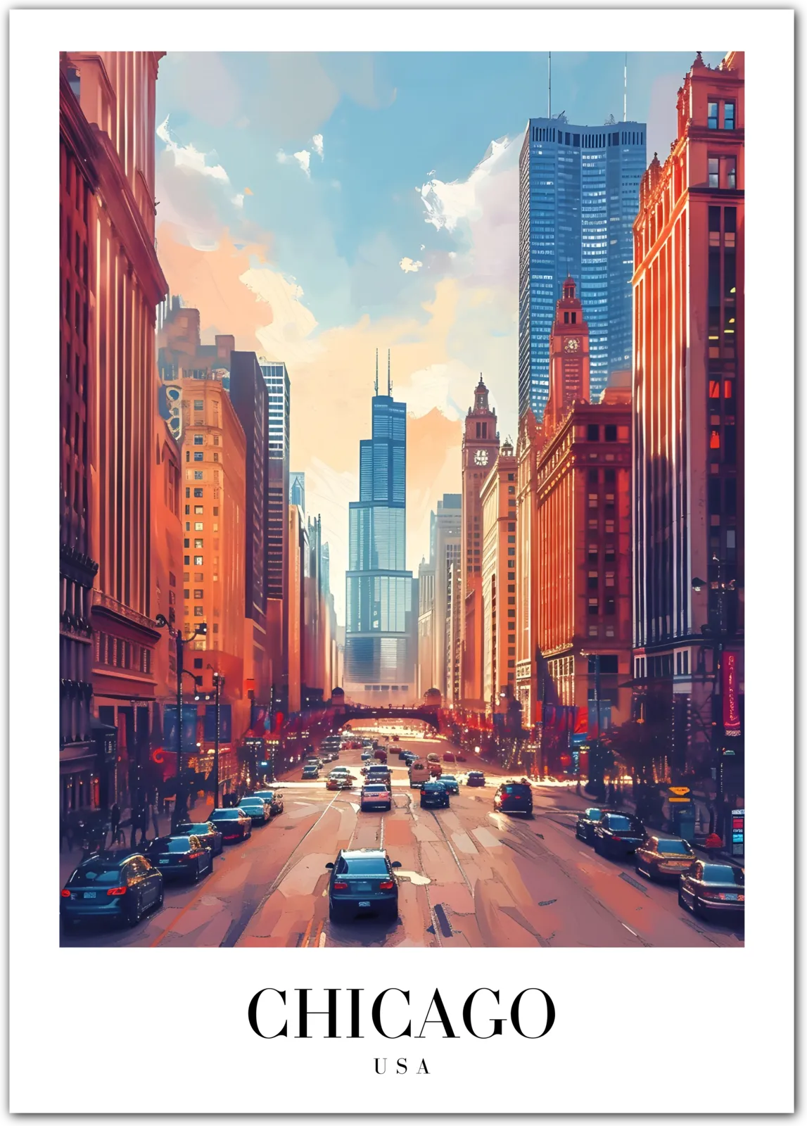 Chicago USA Art Print – Downtown Skyline and Traffic