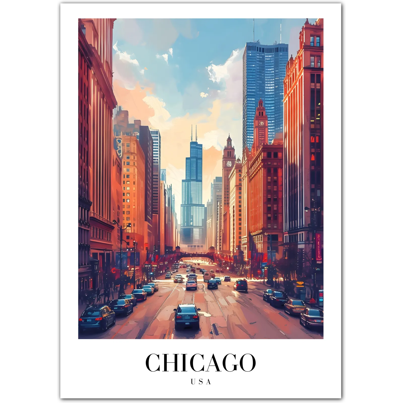 Chicago USA Art Print – Downtown Skyline and Traffic