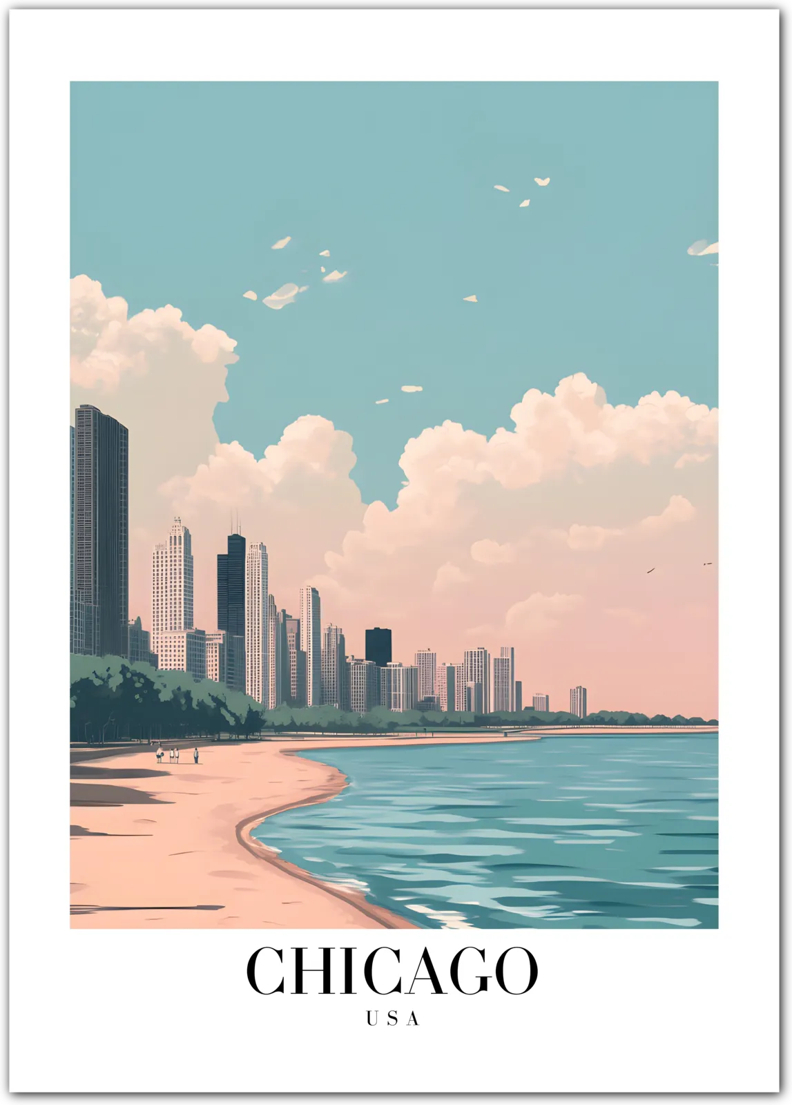 Chicago USA Art Print – Lake Michigan Beach and Skyline