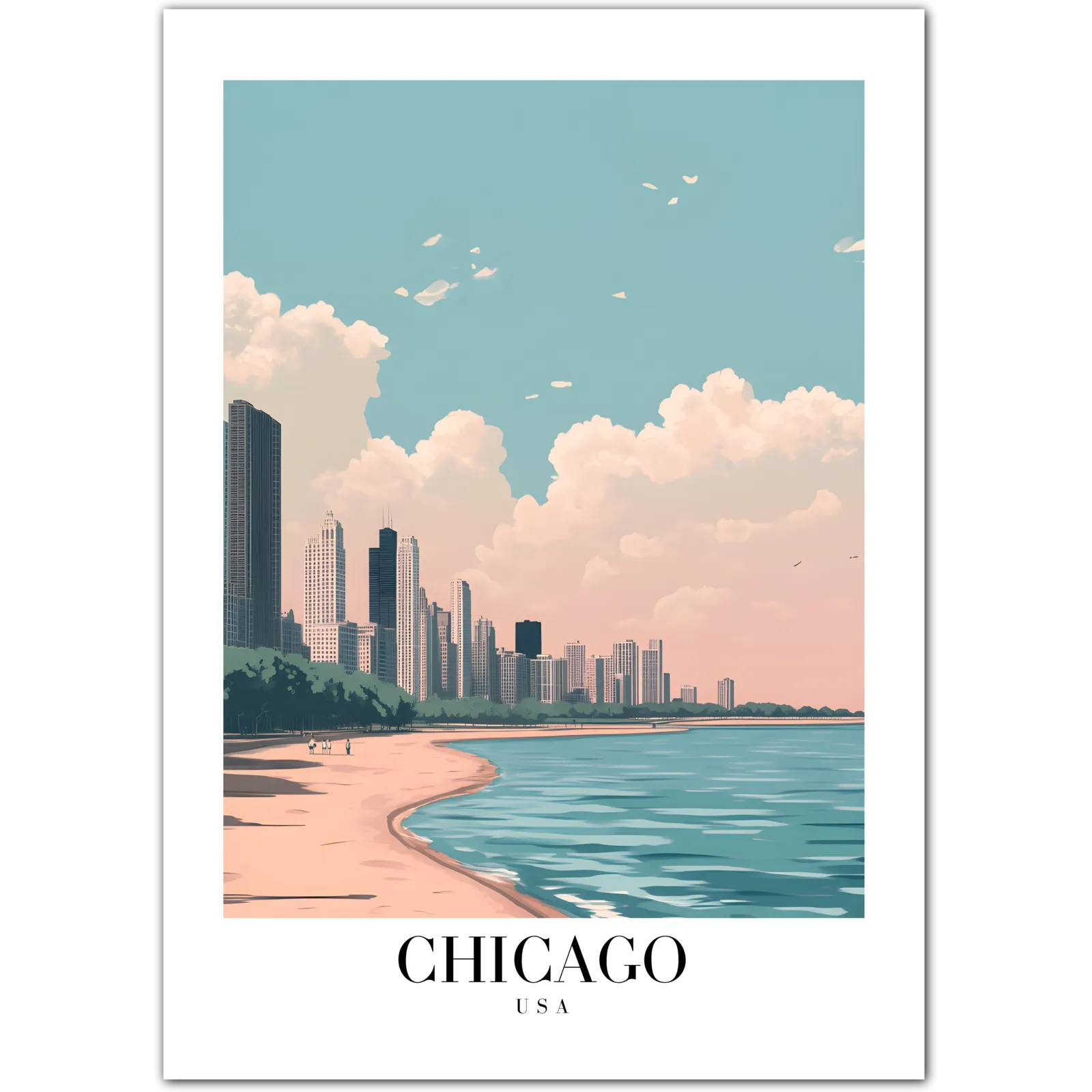 Chicago USA Art Print – Lake Michigan Beach and Skyline