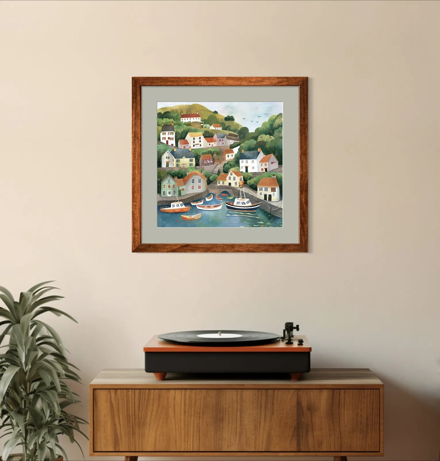 Harbour Village with Rolling Green Hills Art Print