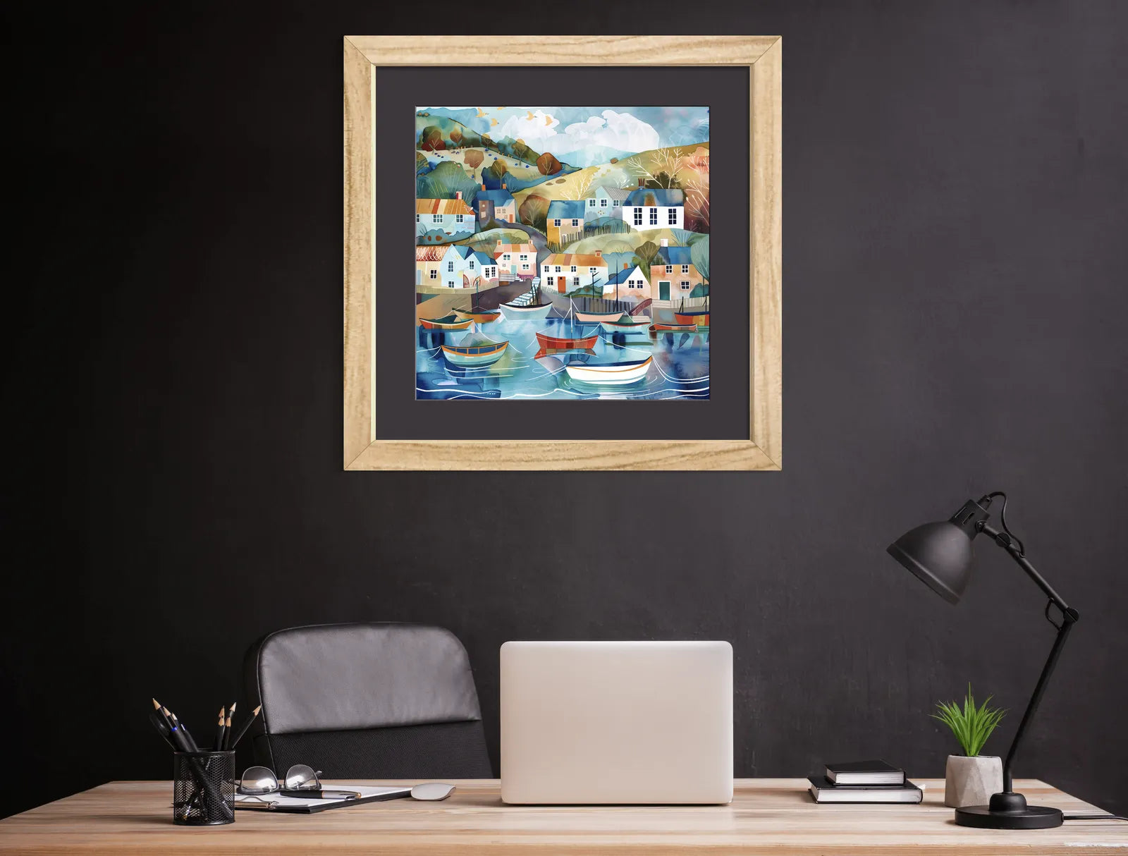 Hillside Harbour with Colourful Boats Art Print