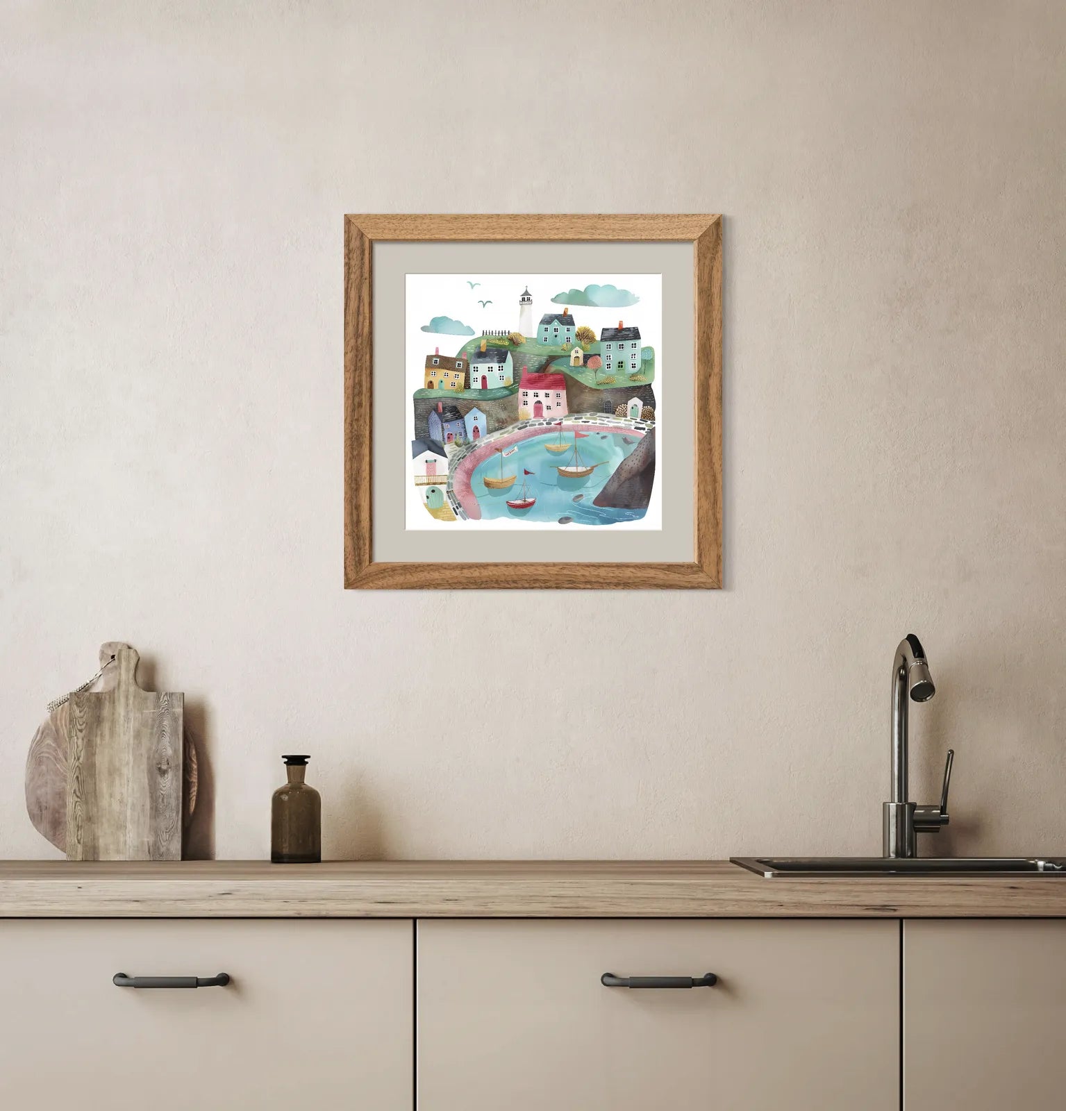 Coastal Harbour with Colourful Boats Art Print