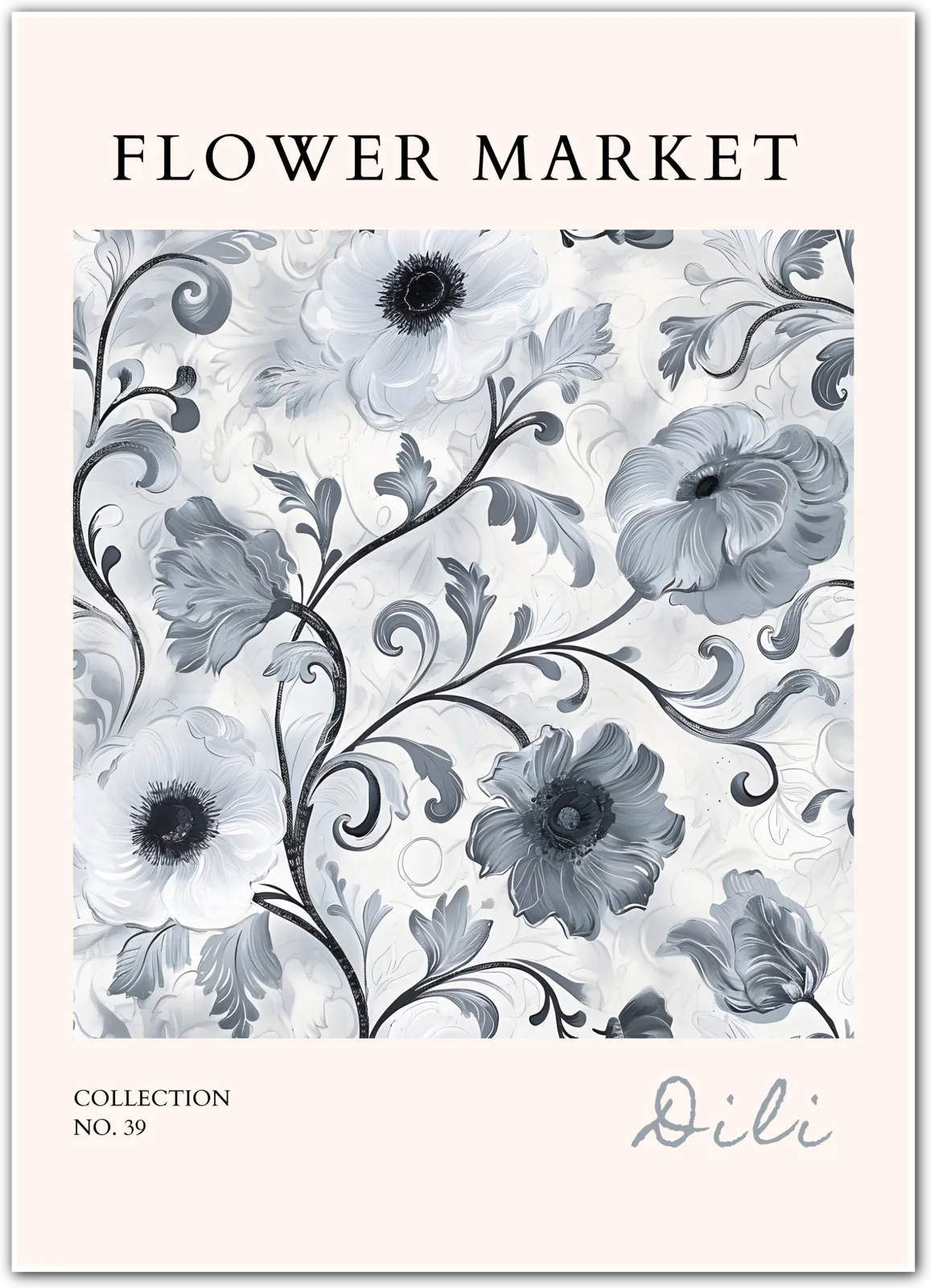 Dili Monochrome Anemones – Greyscale Baroque Floral Art Print