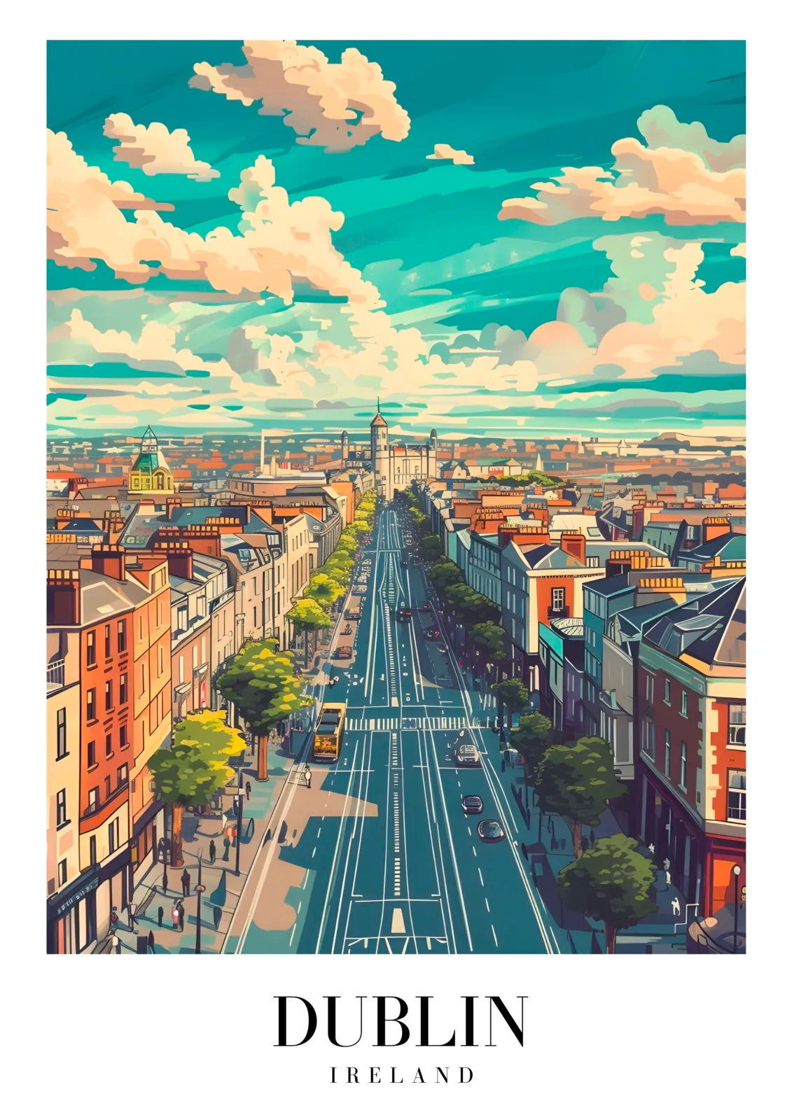 Dublin Cityscape Art Print With Sunlit Main Street And Trees 3