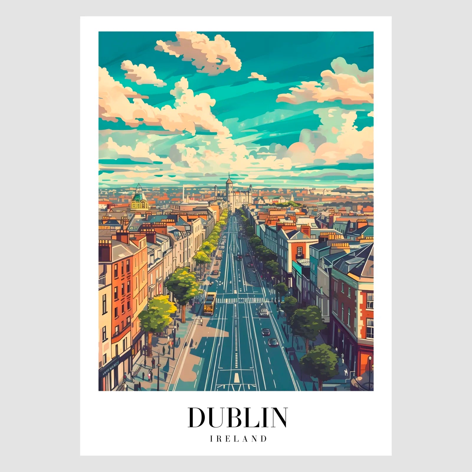 Dublin Cityscape Art Print With Sunlit Main Street And Trees 1