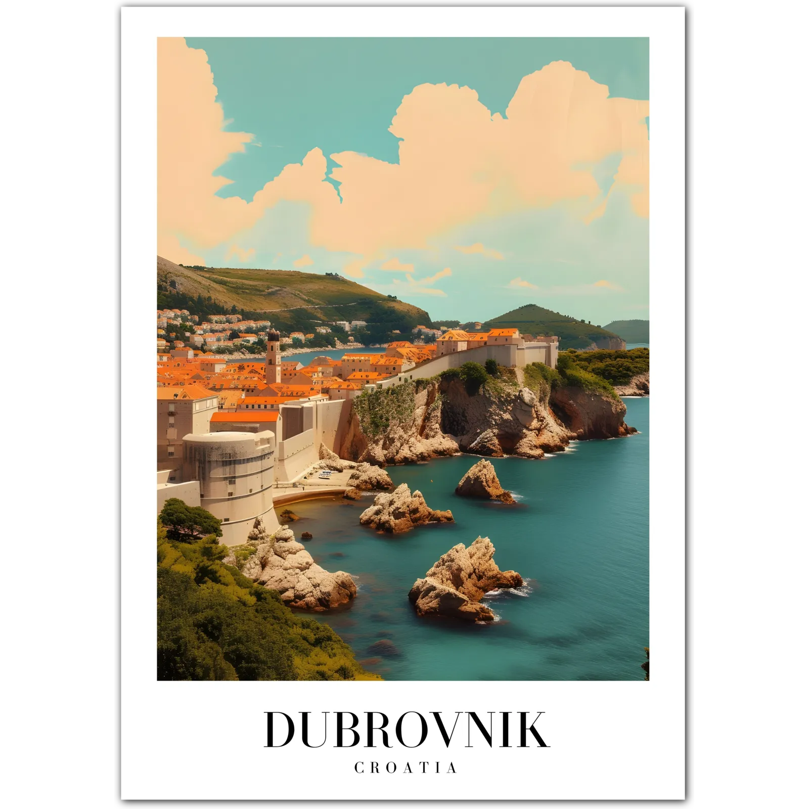 Dubrovnik Croatia Art Print – City Walls and Rocks by the Sea