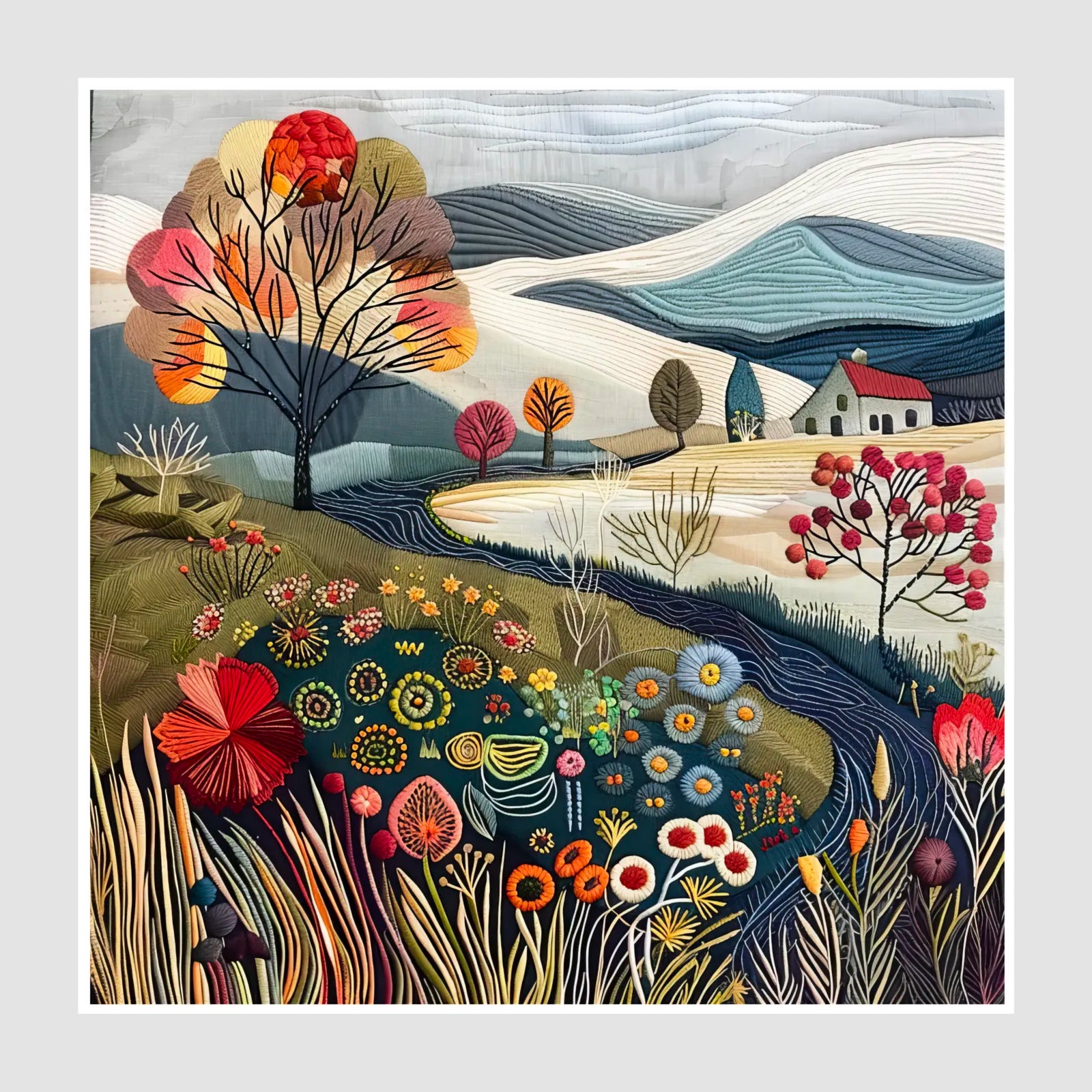 Meadow Stream to Home Embroidered Art Print 1