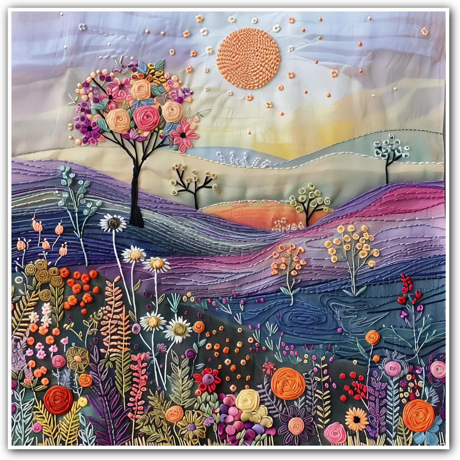 Golden Meadows Embroidered Art Print Summer Landscape