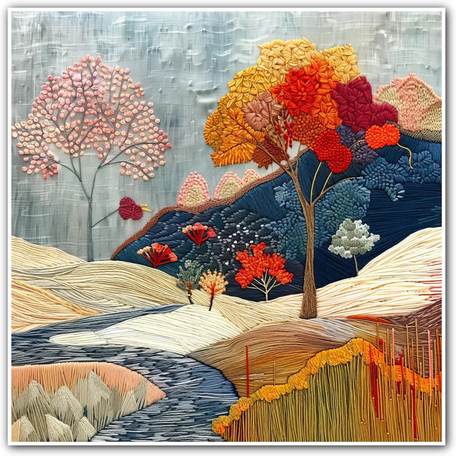 Autumn Reflections Embroidered Art Print Autumn Landscape