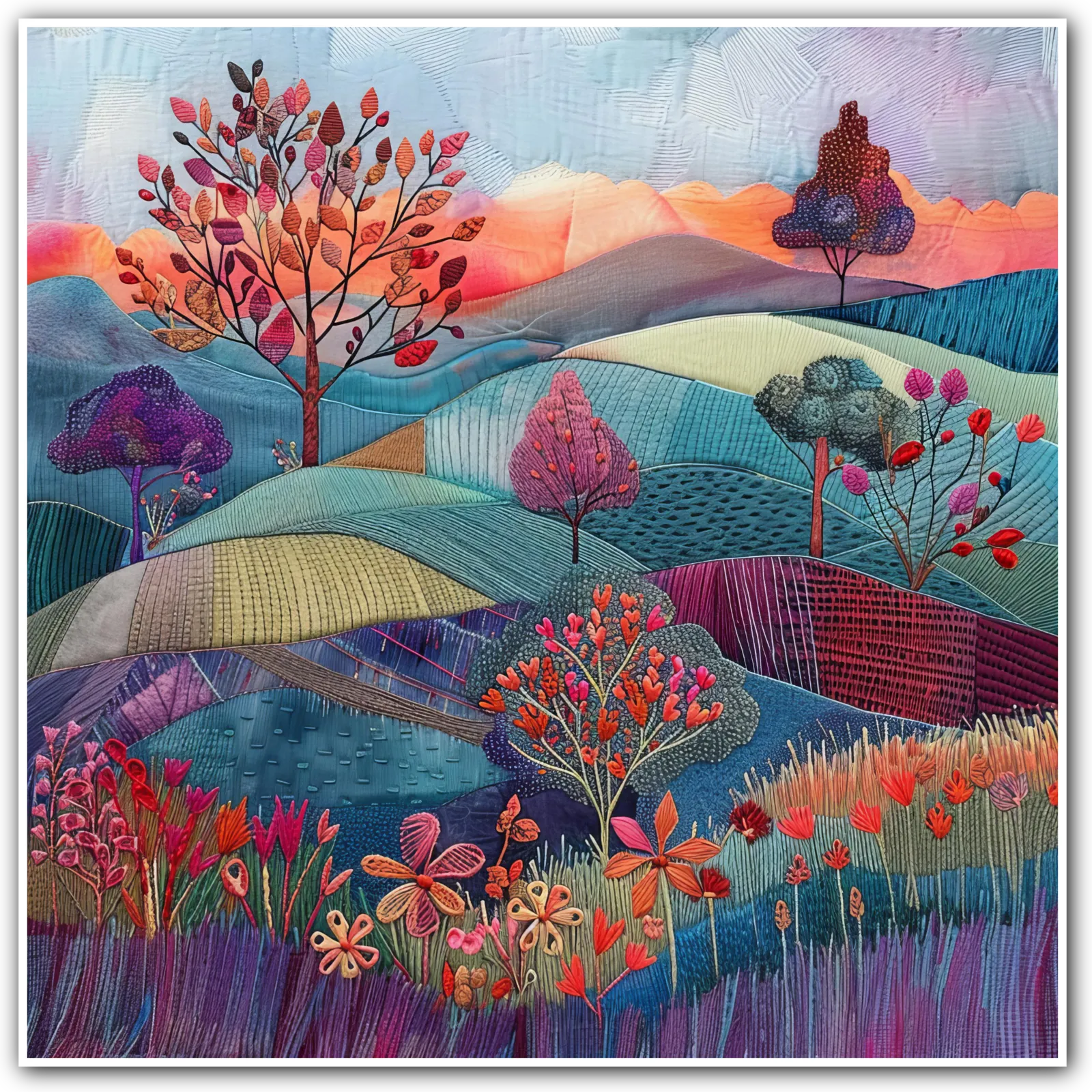 Dawn Blossom Embroidered Art Print Spring Landscape