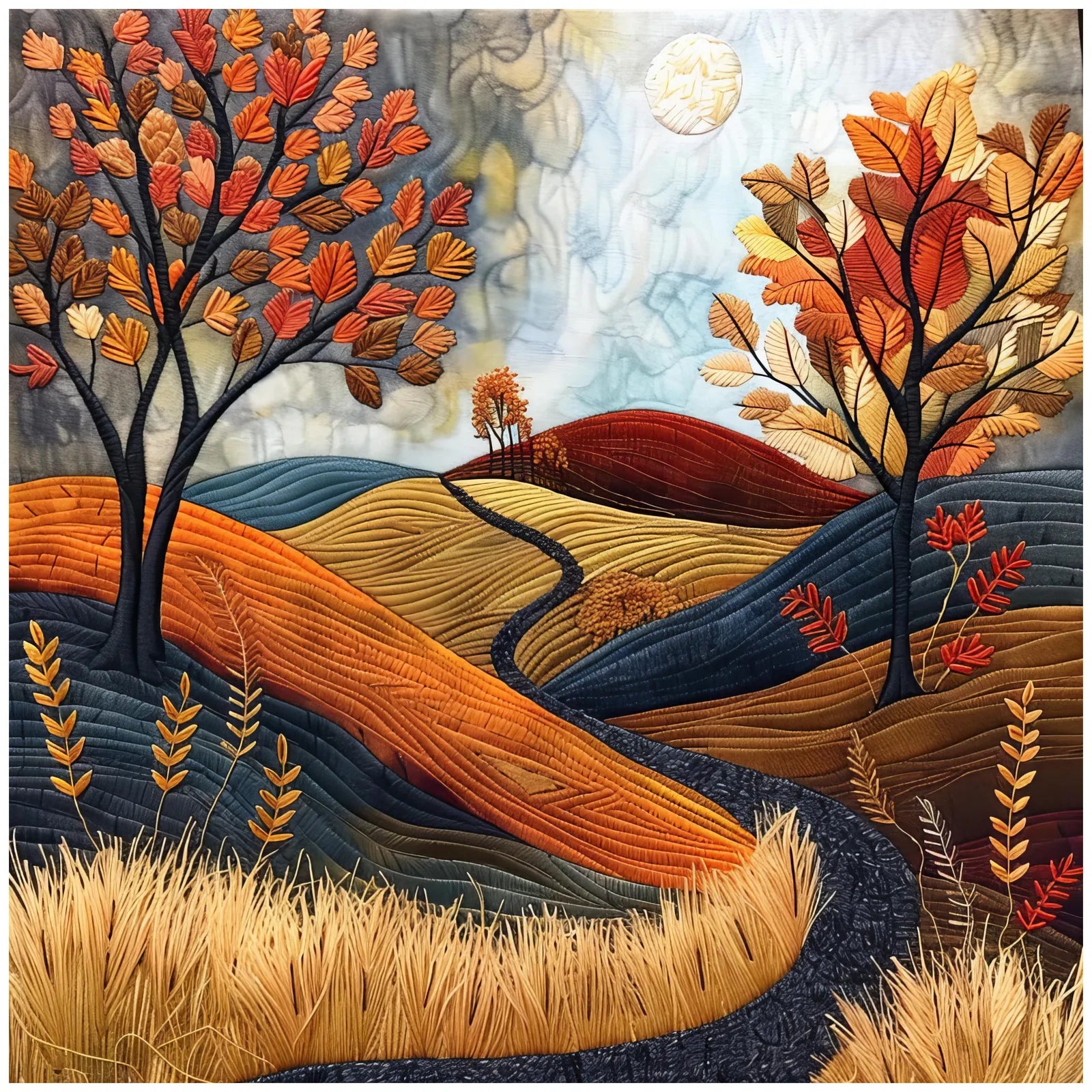 Golden Pathways Embroidered Art Print Autumn Landscape 1