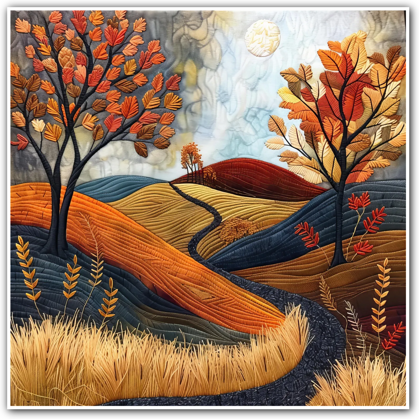 Golden Pathways Embroidered Art Print Autumn Landscape