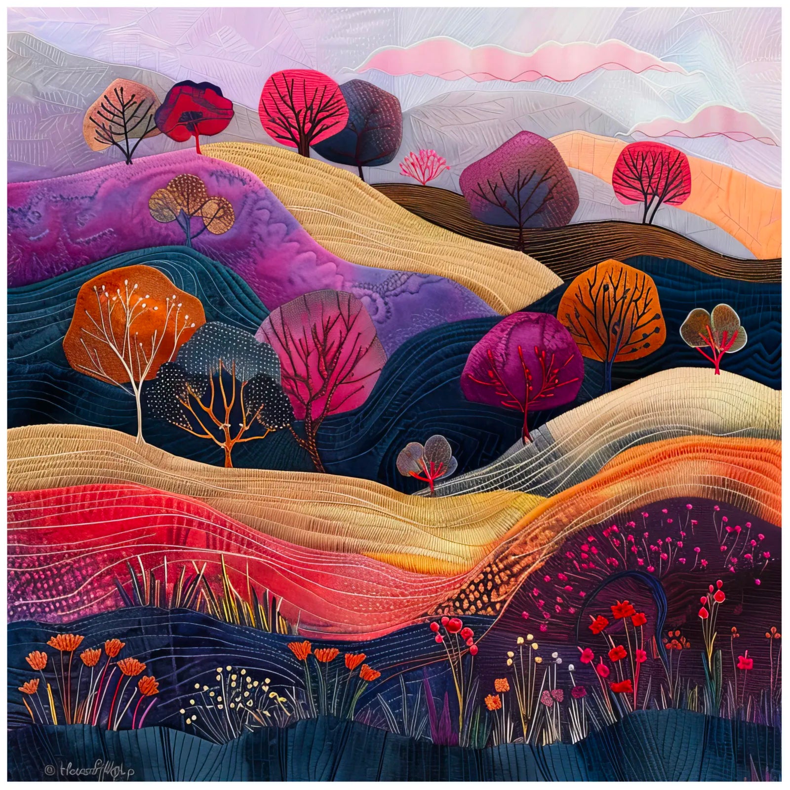 Purple Dreamscape Embroidered Hills Art Print 3