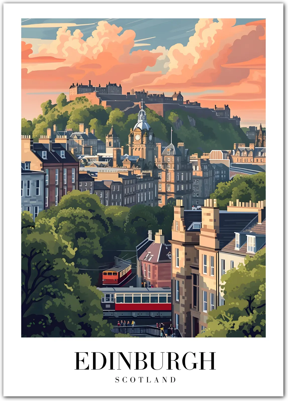 Edinburgh Scotland Art Print – City View with Castle and Old Town