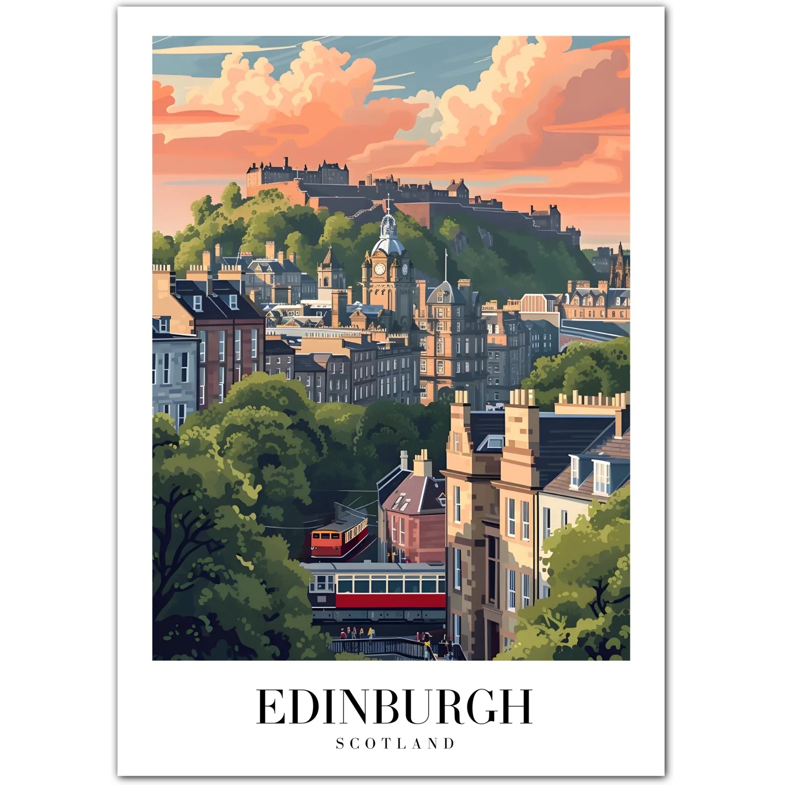 Edinburgh Scotland Art Print – City View with Castle and Old Town