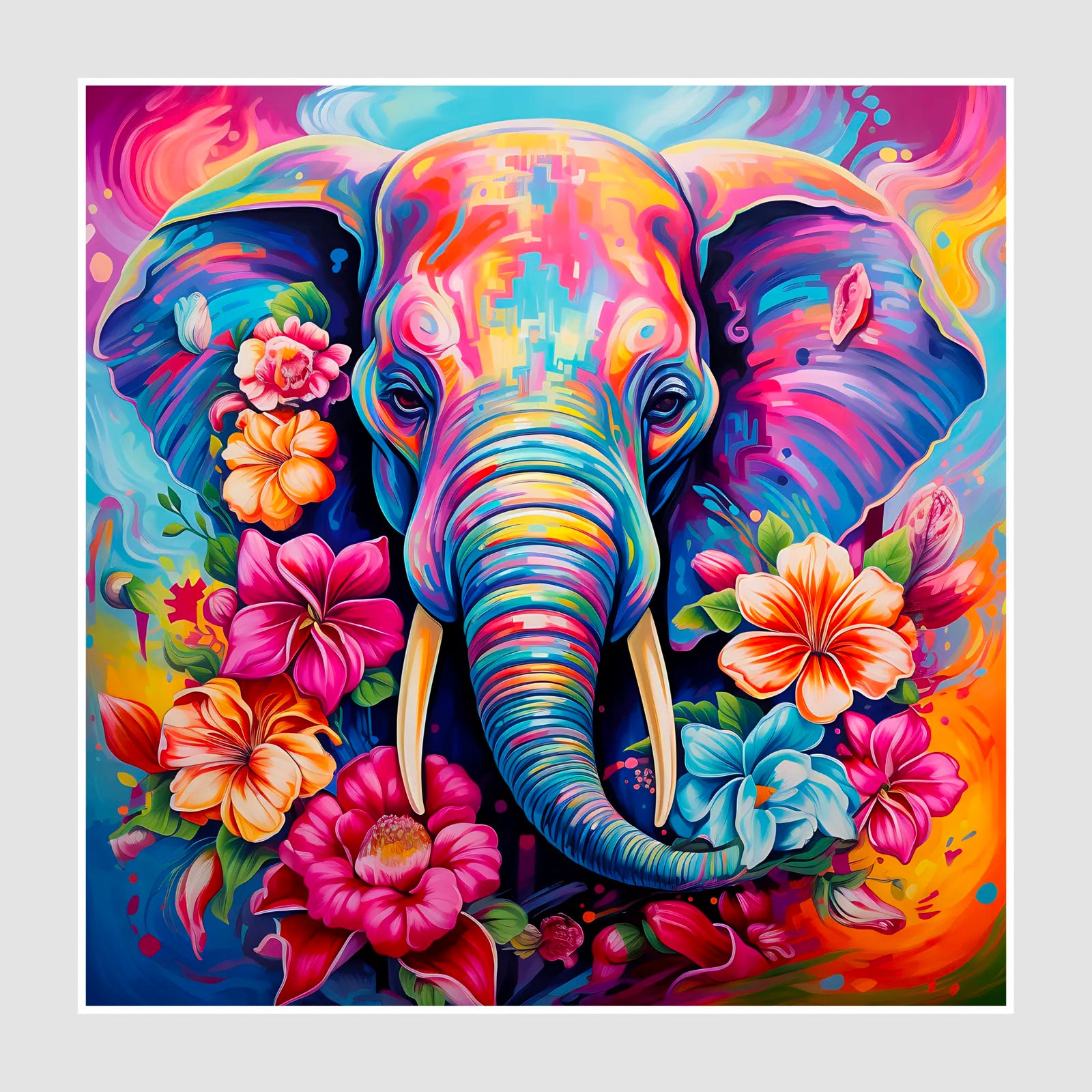 Bright Flower Power Elephant Digital Art Print 1