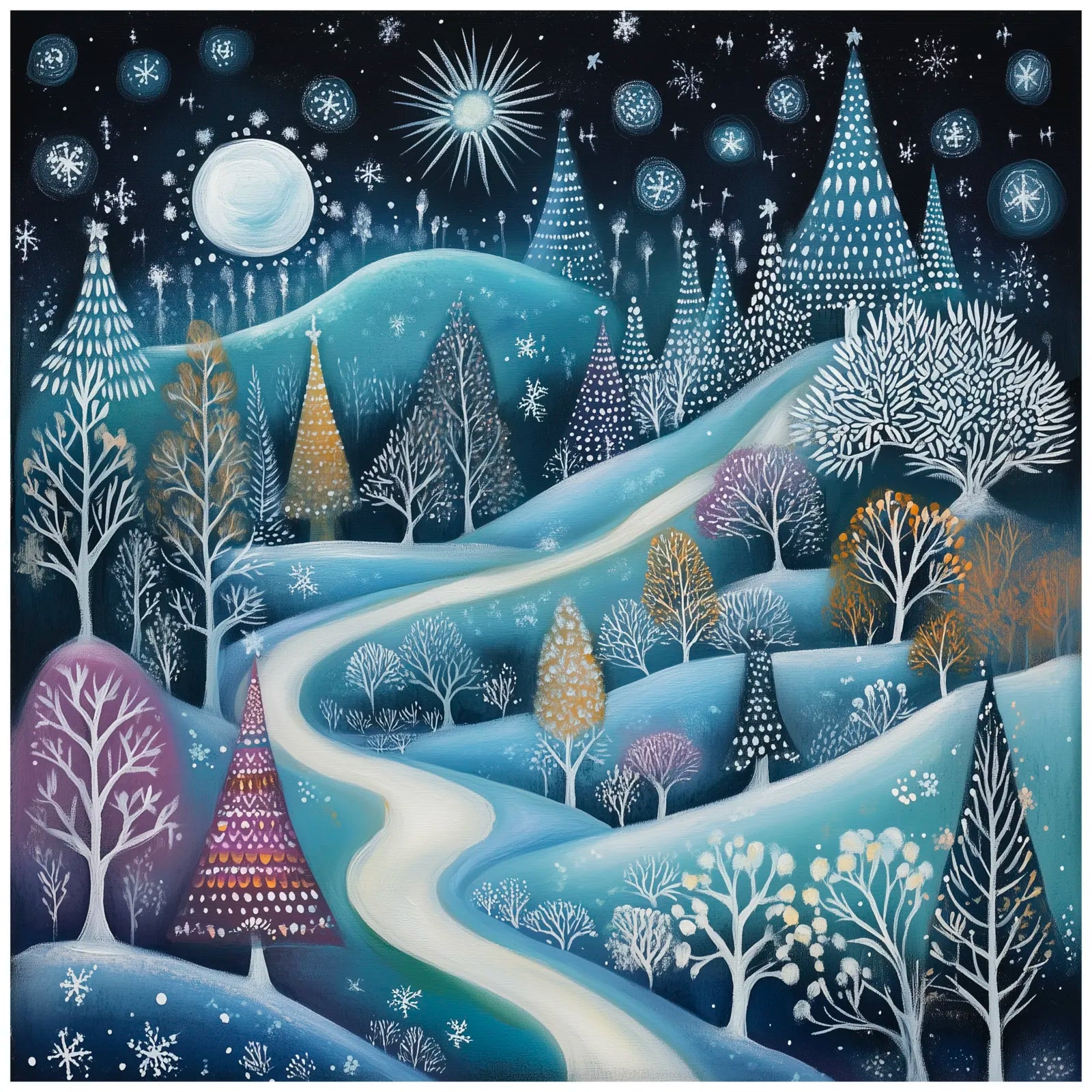 Pastel Winter Forest Art Print Enchanted Snowfall Night 3