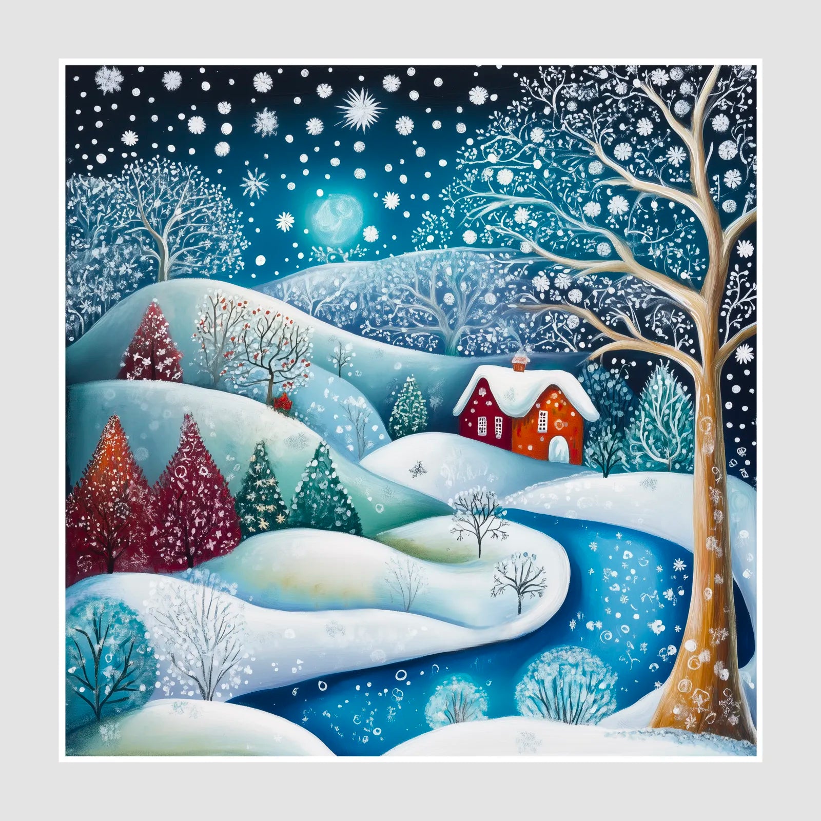 Snowy Hillside Cottage Art Print Enchanted Winter Stream 1