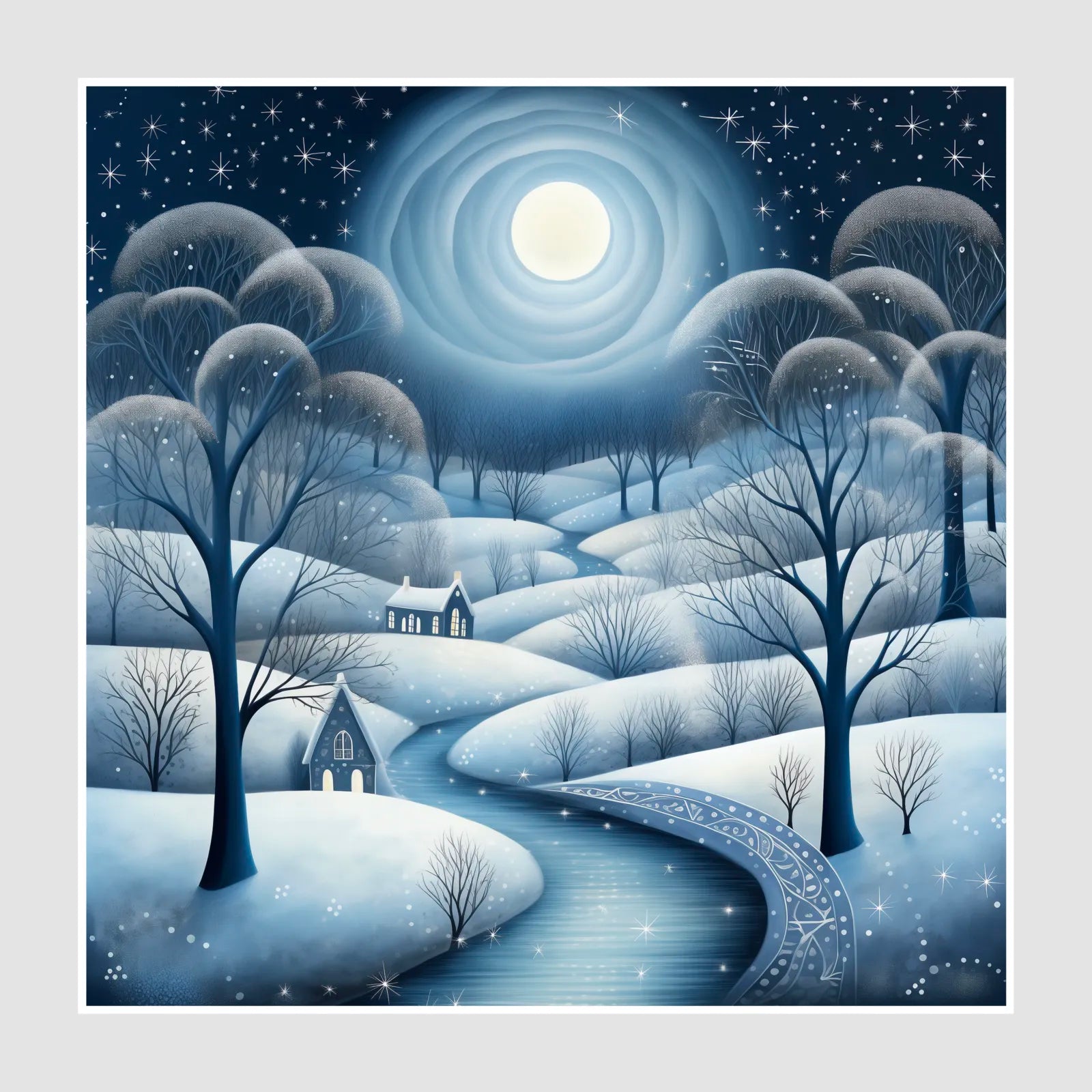 Moonlit Winter Forest Art Print Enchanted Snowy Stream 1