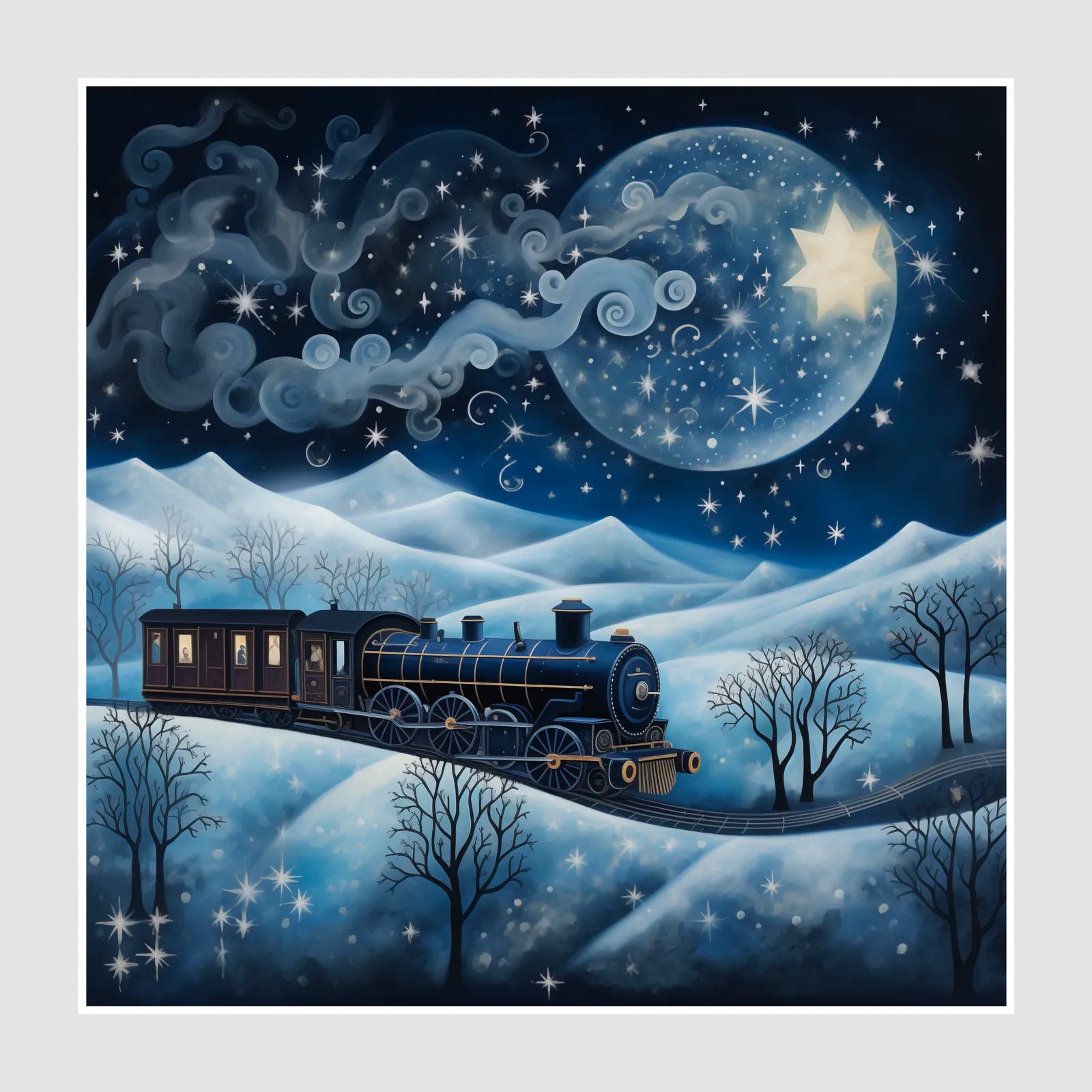 Mystical Winter Train Art Print Enchanted Moonlit Scene 1