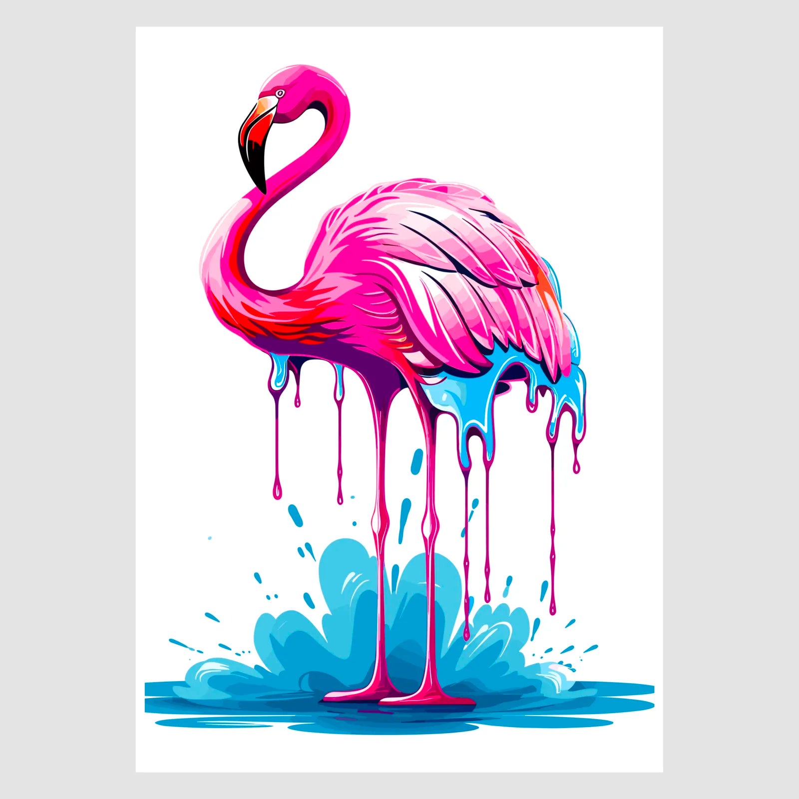 Graceful Pink Flamingo & Blue Water Paint Splash Art 1