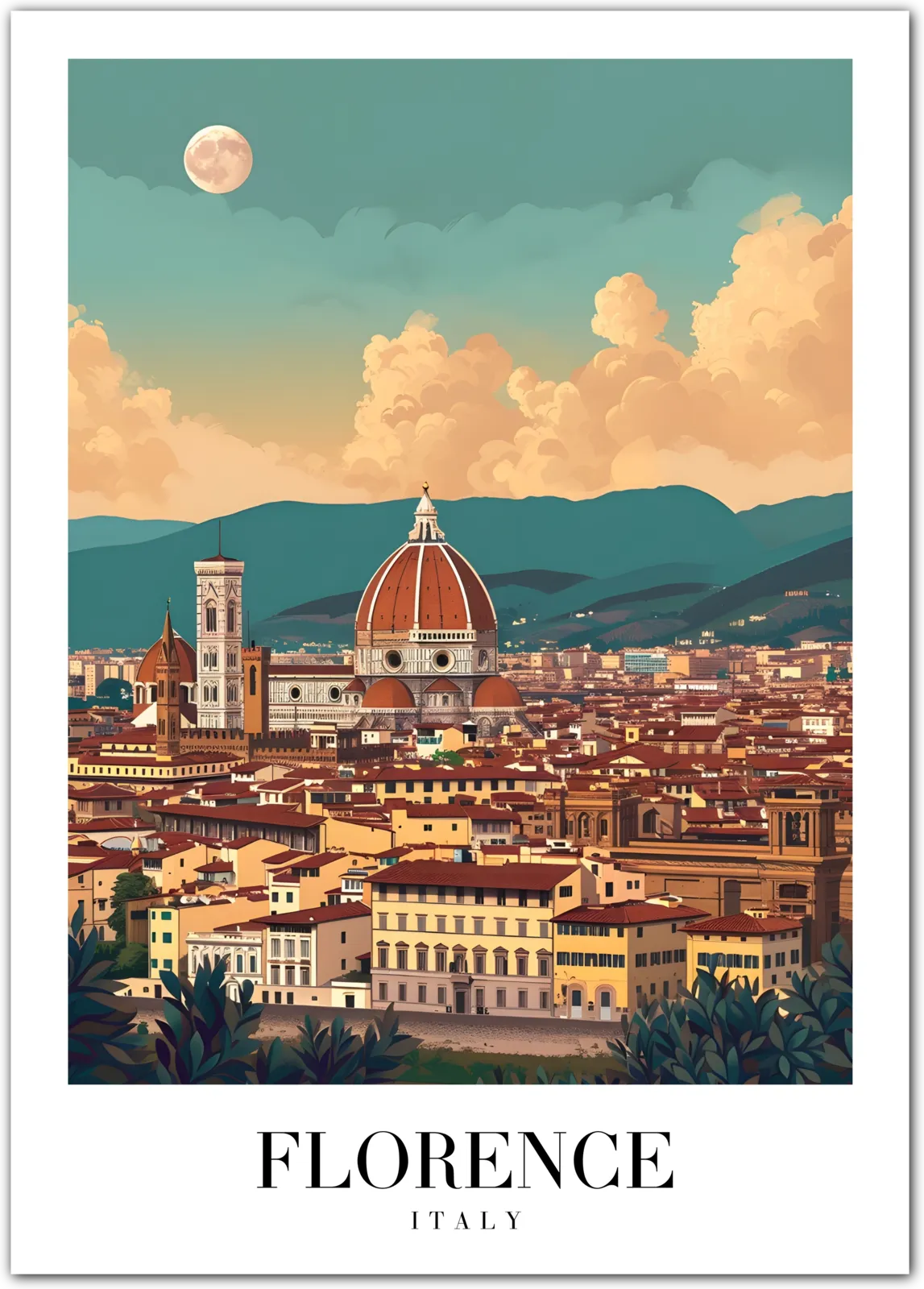 Florence Italy Art Print – City View with Duomo and Hills