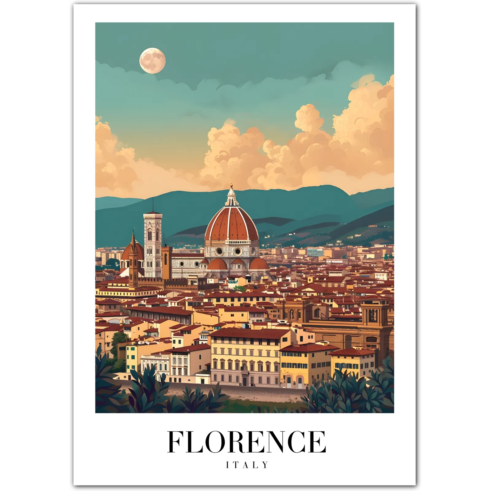 Florence Italy Art Print – City View with Duomo and Hills