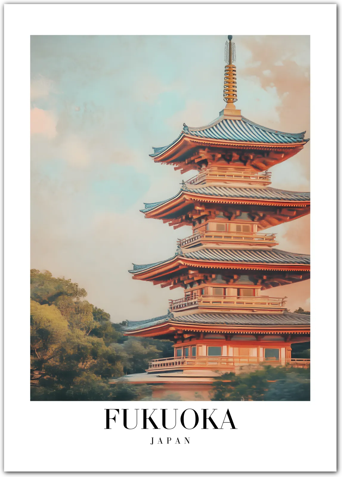 Fukuoka Pagoda Art Print - Traditional Japanese Architecture Amidst Serene Landscapes