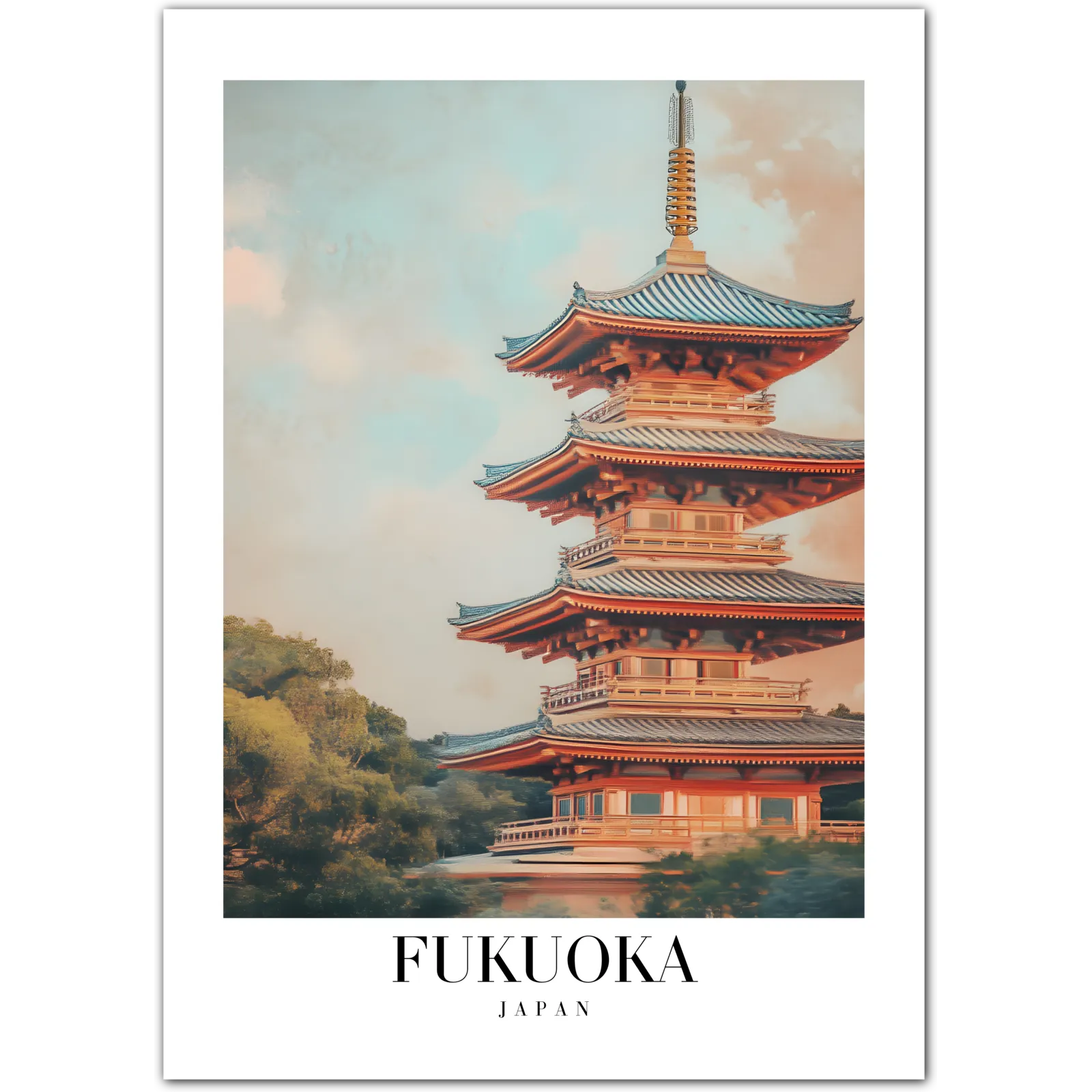 Fukuoka Pagoda Art Print - Traditional Japanese Architecture Amidst Serene Landscapes