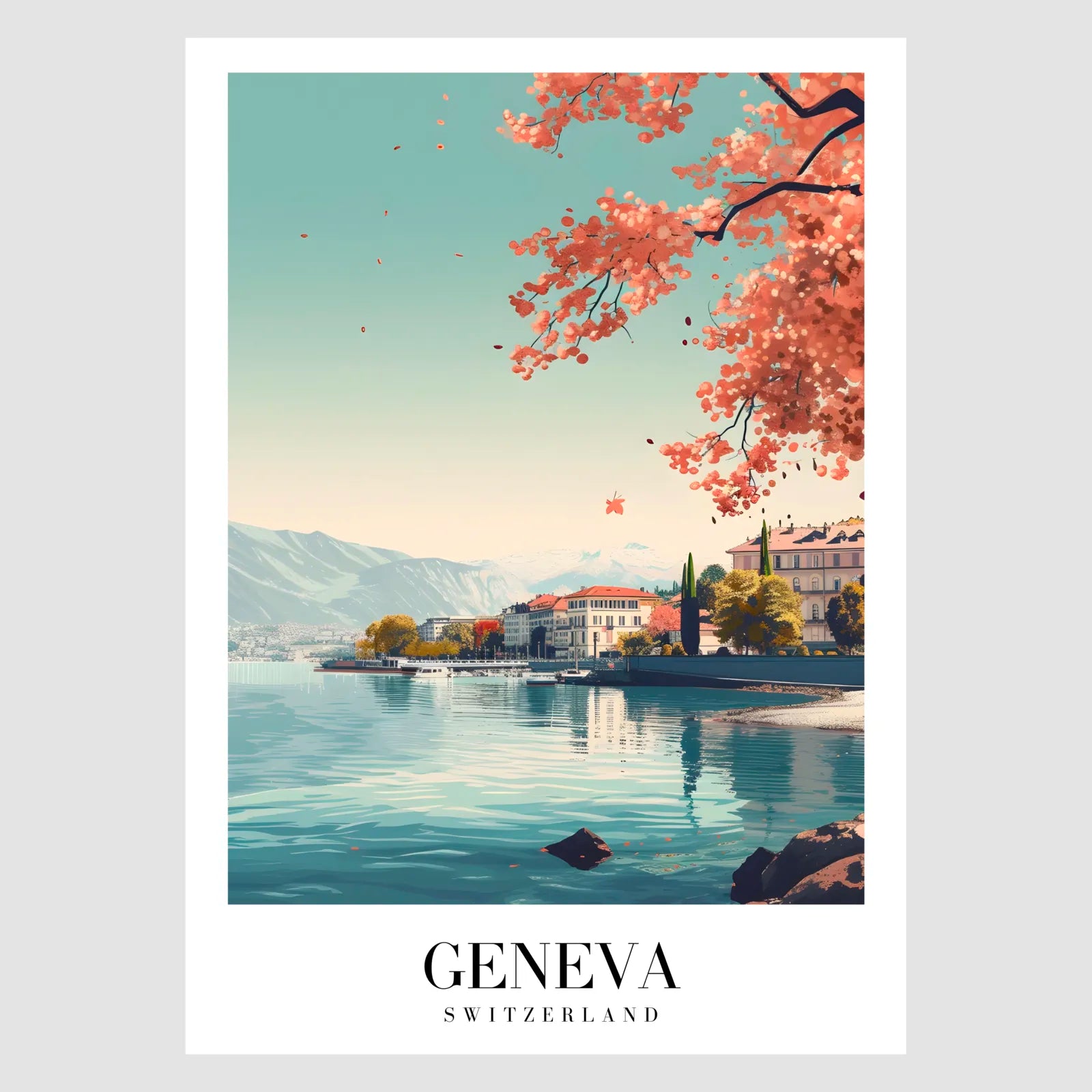 Geneva Waterscape Art Print With Blossoms, Mountains, And Grand Homes 1