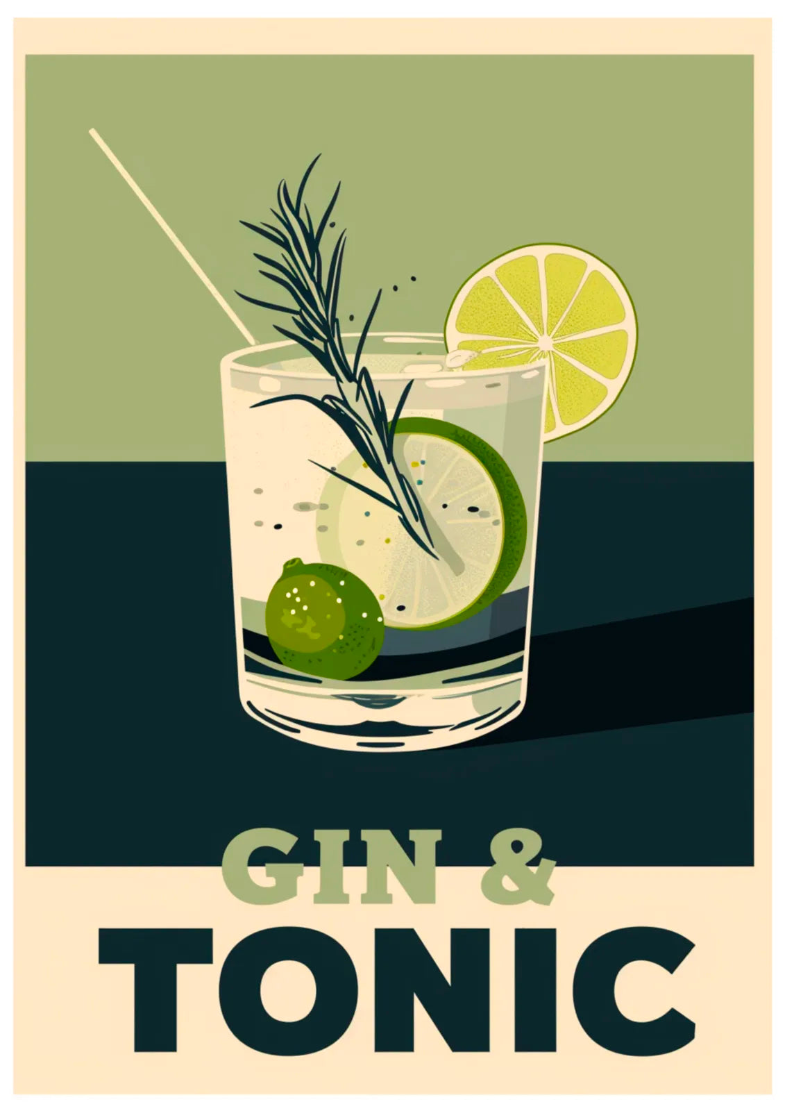 Gin and Tonic Art Print – Retro Sage Green & Blue Decor 3