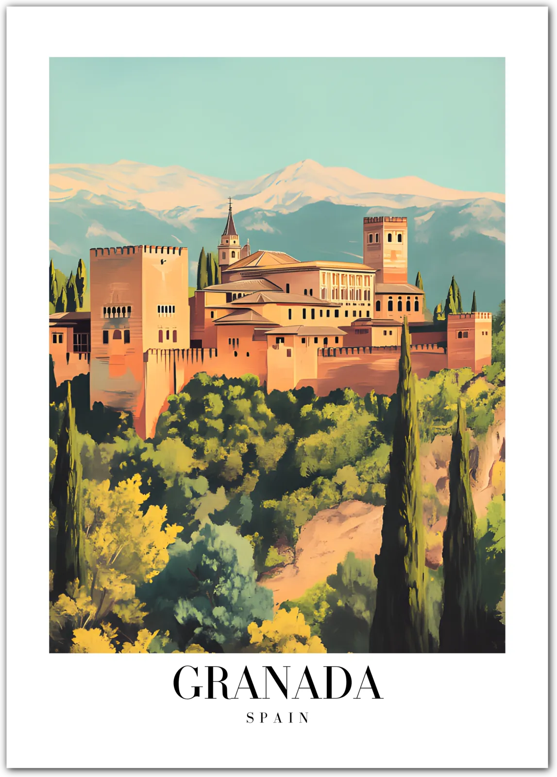 The Alhambra in Granada Art Print - Majestic Spanish Architecture with a Mountain Backdrop