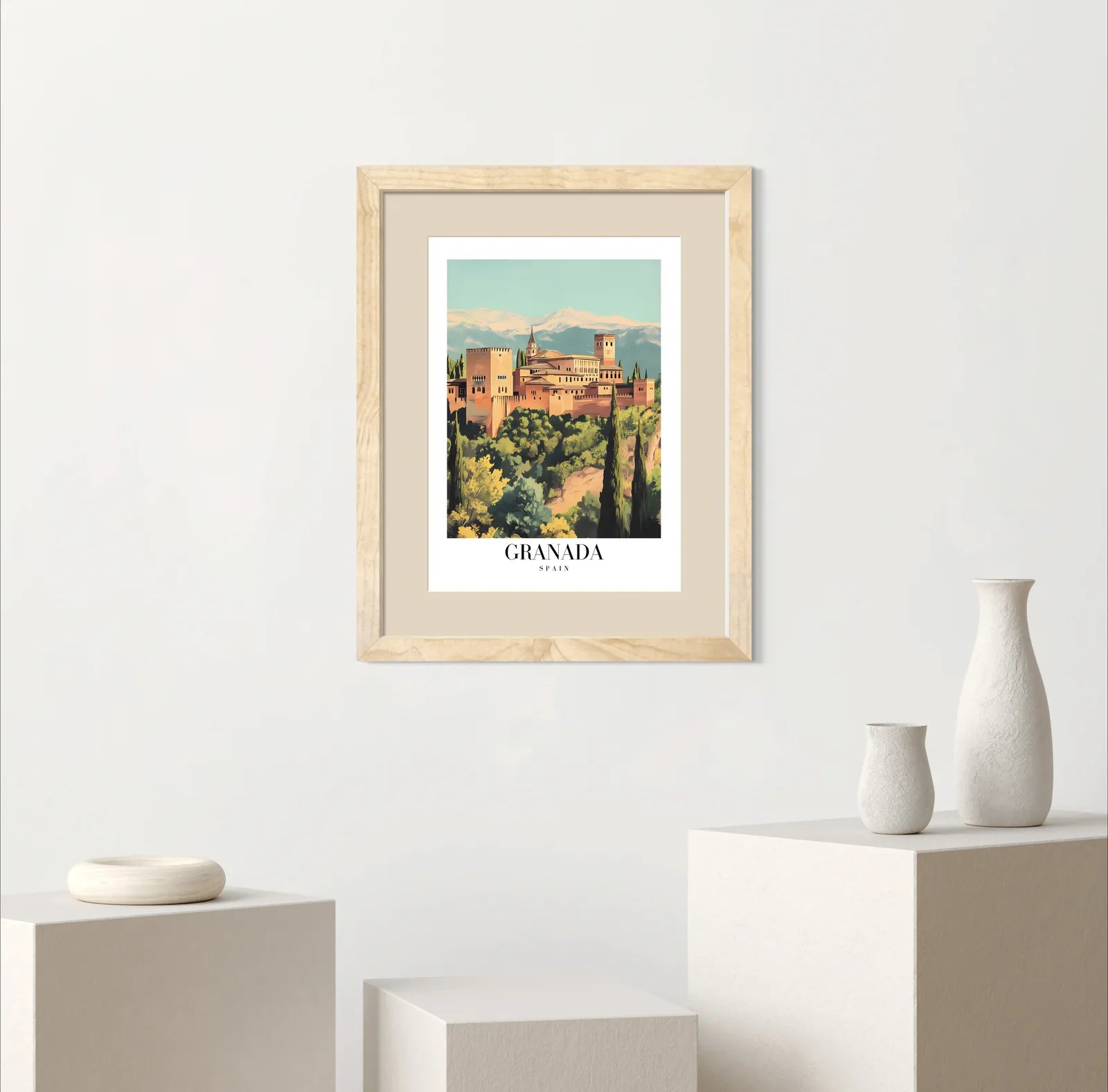 The Alhambra in Granada Art Print - Majestic Spanish Architecture with a Mountain Backdrop