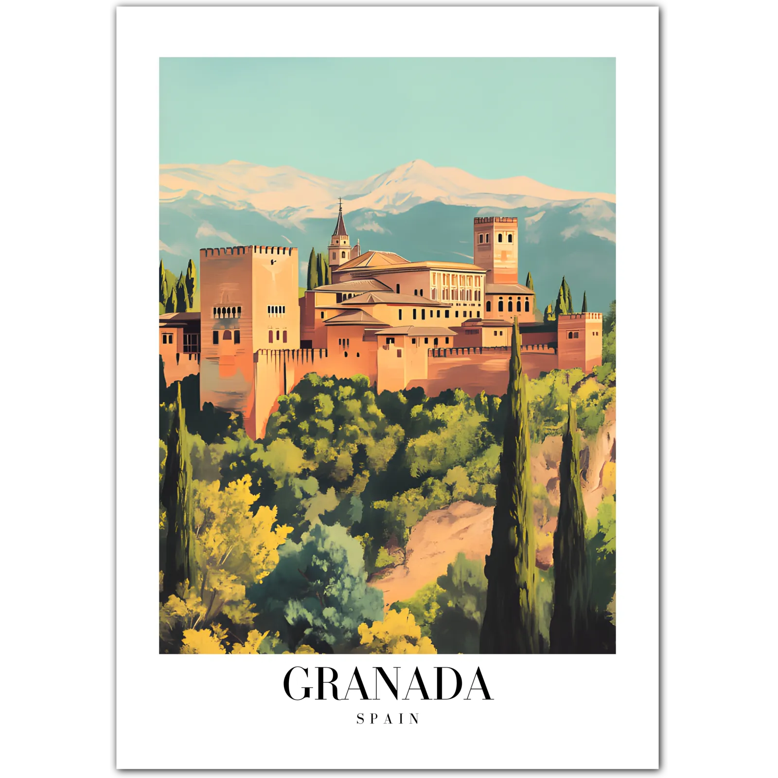 The Alhambra in Granada Art Print - Majestic Spanish Architecture with a Mountain Backdrop