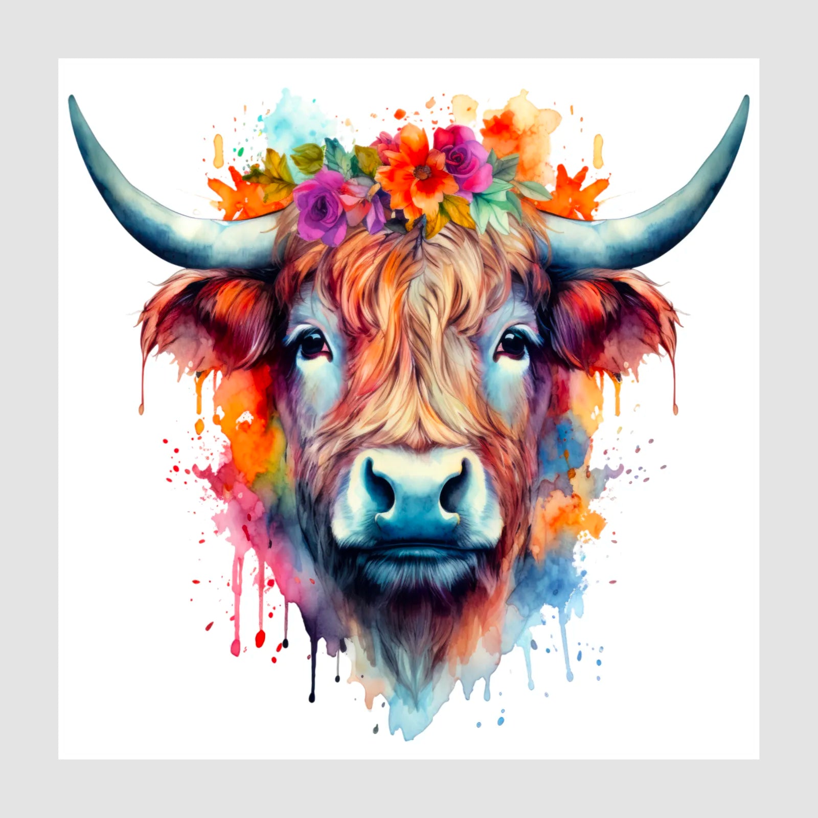 Flower Power Highland Cow Art Print 1