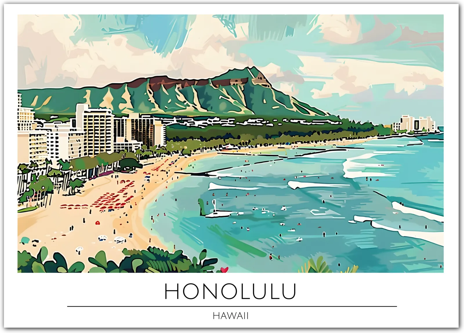 Honolulu Beachfront - Hawaii Island Art Print