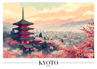 Kyoto City View Art Print with Blossom Trees and Mountains 3