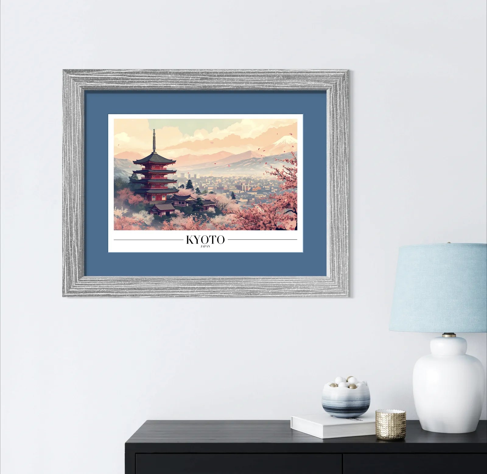 Kyoto City View Art Print with Blossom Trees and Mountains 2