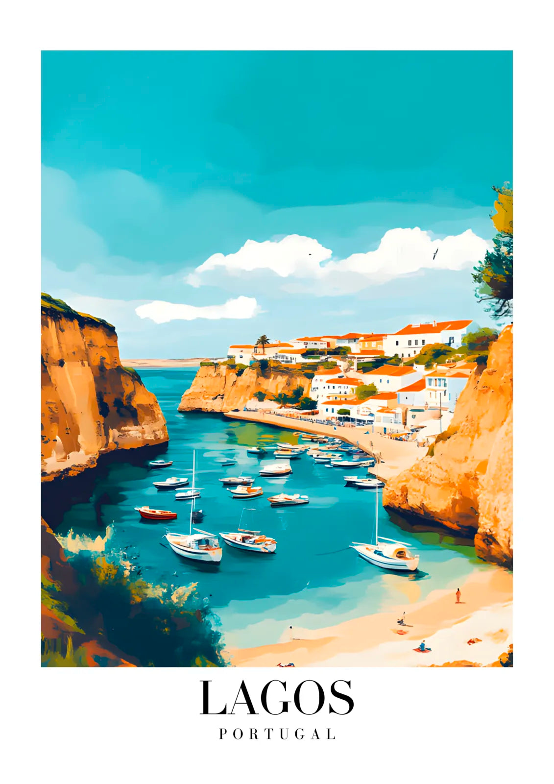 Lagos Cove Art Print With Sandy Beach And Terracotta Rooftops 3