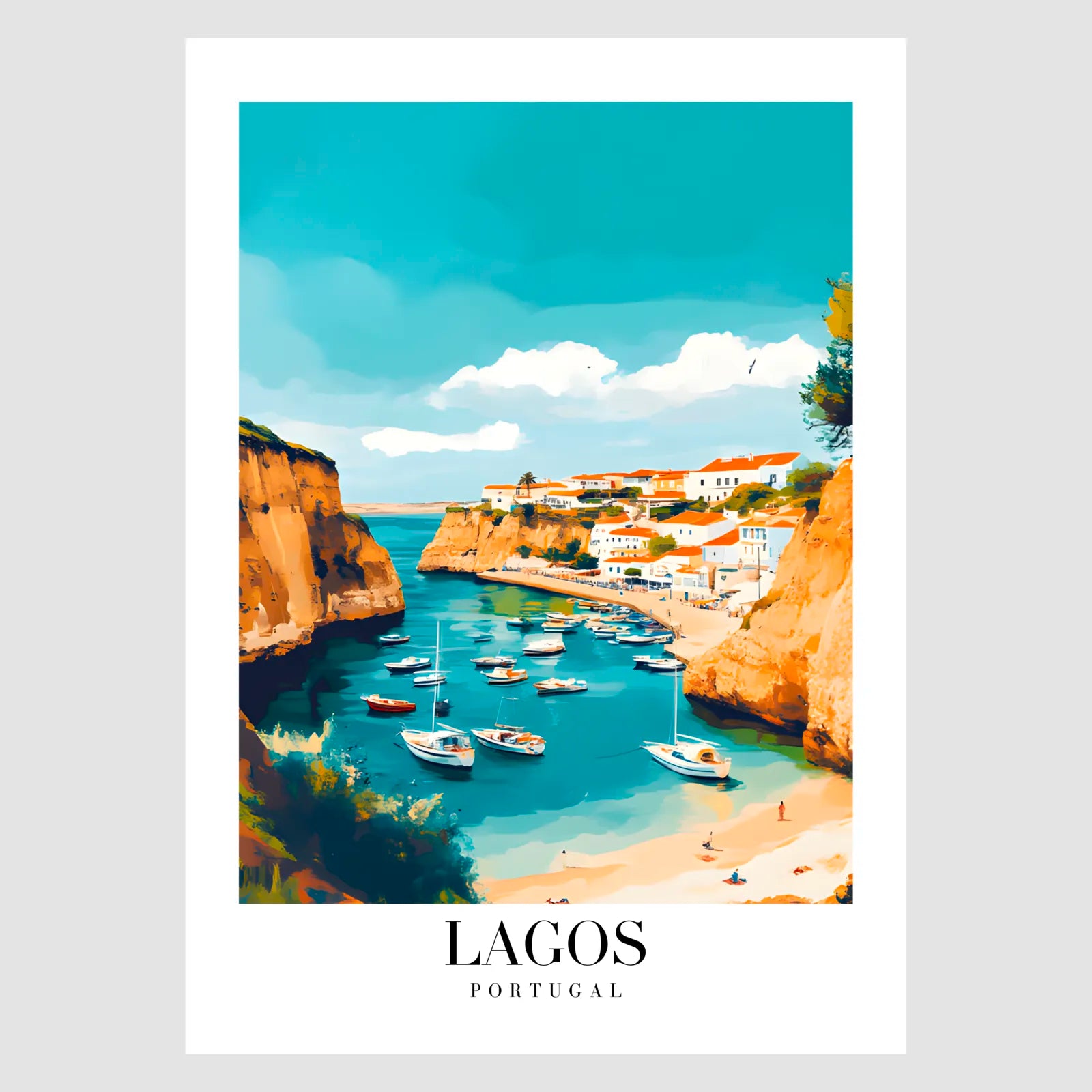 Lagos Cove Art Print With Sandy Beach And Terracotta Rooftops 2