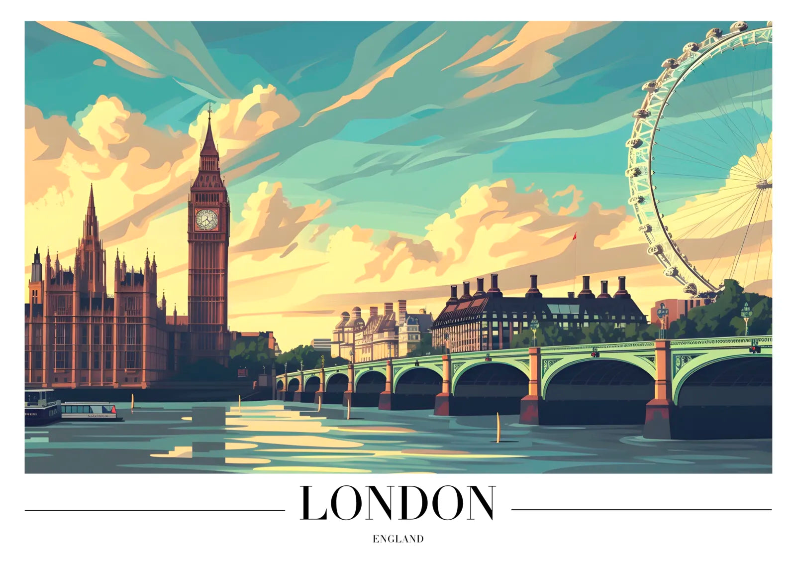 London River View Art Print with Big Ben and Westminster Bridge 3