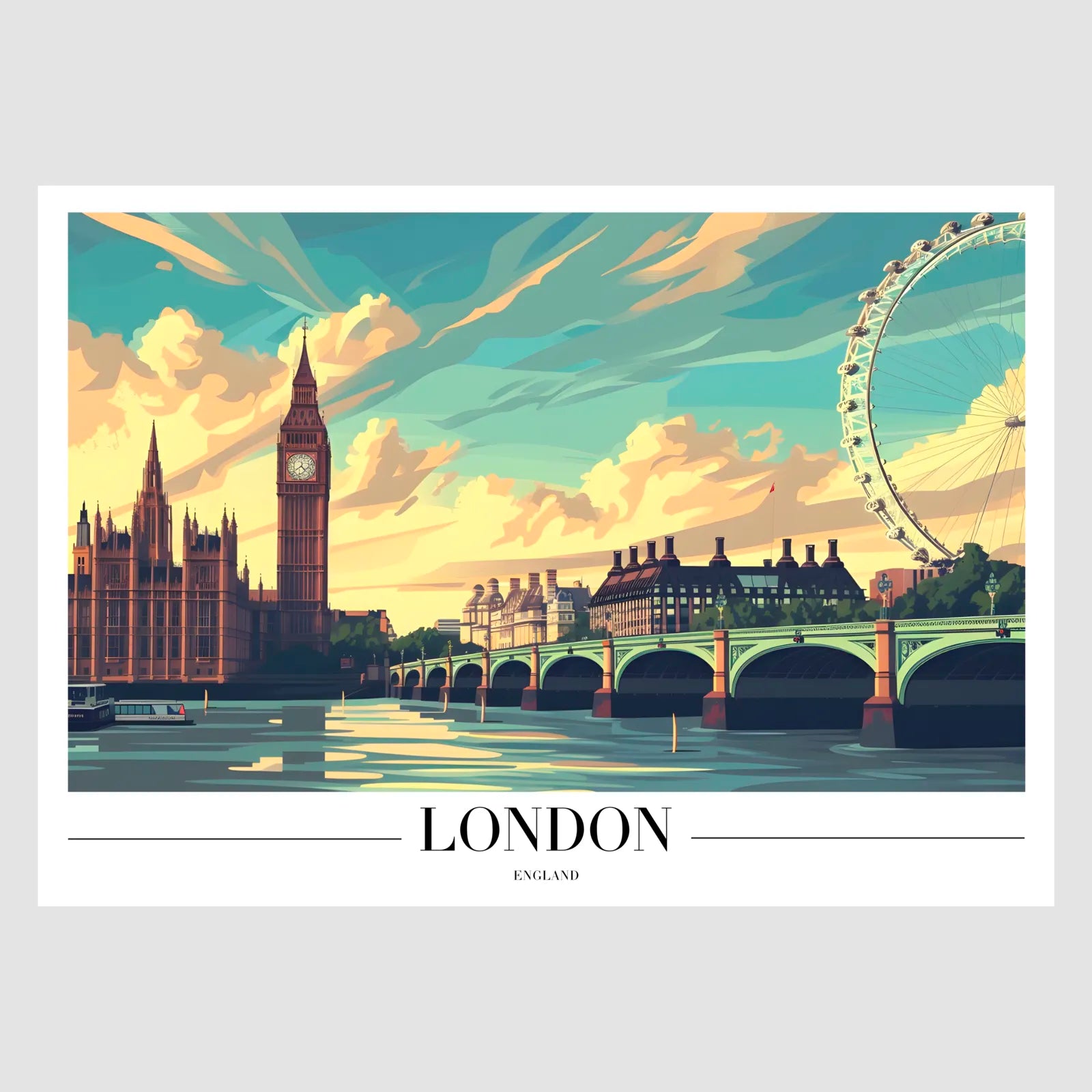 London River View Art Print with Big Ben and Westminster Bridge 1