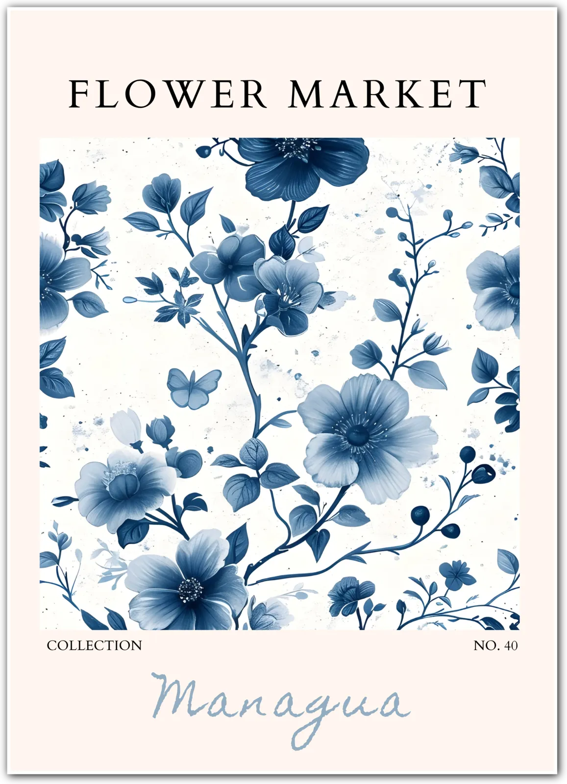 Managua Indigo Blossom Wall Art – Nicaraguan Floral Elegance in Monochrome